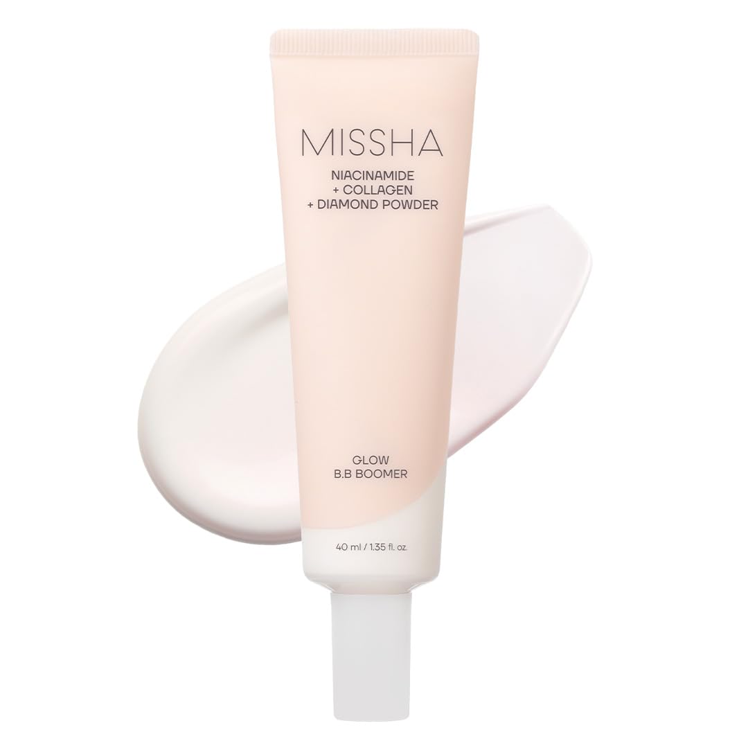MISSHA M BB Boomer Face Primer, Korean Dewy Glow Makeup Base 1.35 oz | Cardi B's Pick; pink pearl and diamond powder prep cream, smooth foundation application, radiant soft-focus finish