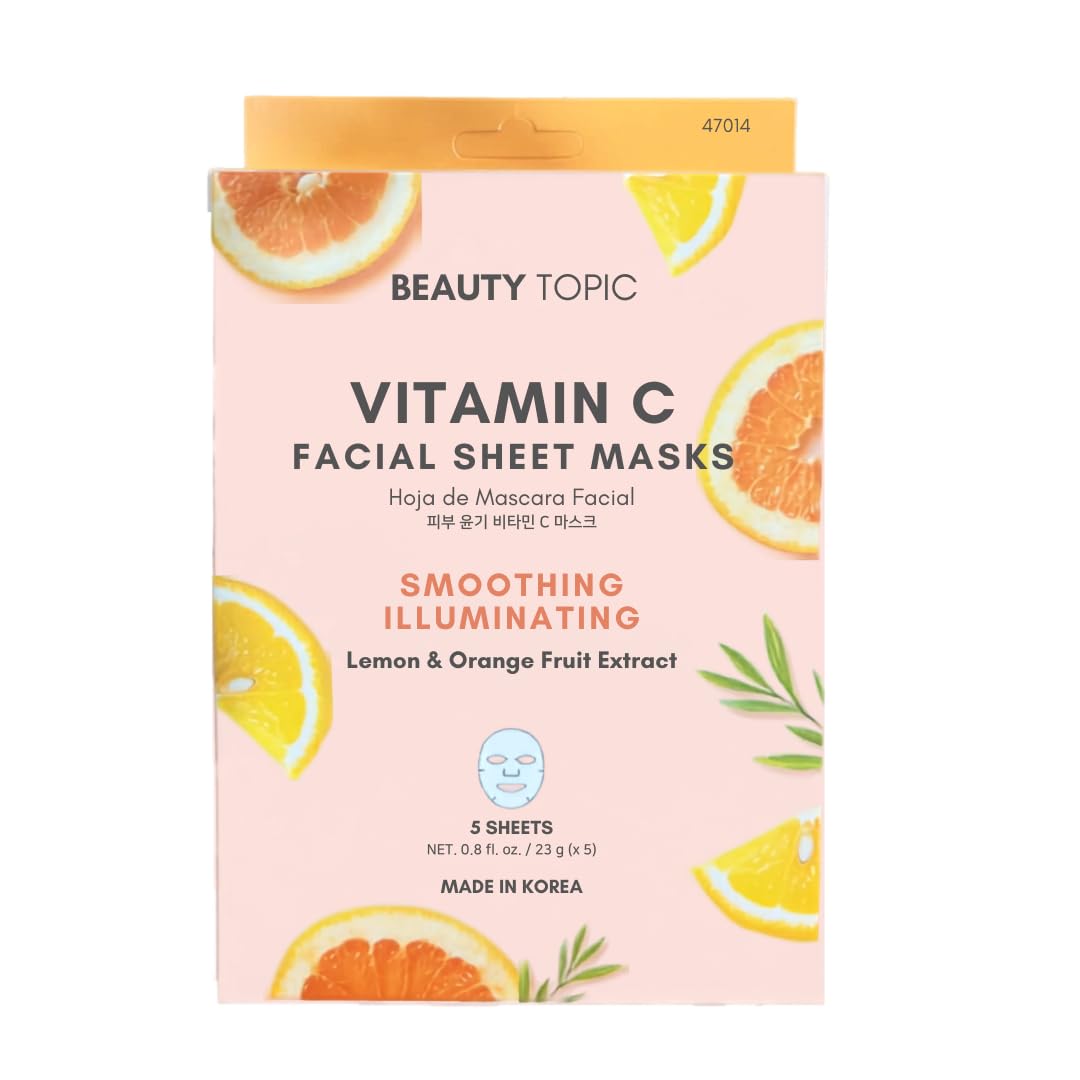 Beauty Topic Vitamin C Facial Sheet Masks, 5 Sheets | Smoothing & Illuminating, Lemon & Orange Extract, Made in Korea, Brightening Formula, Spa-Style Treatment