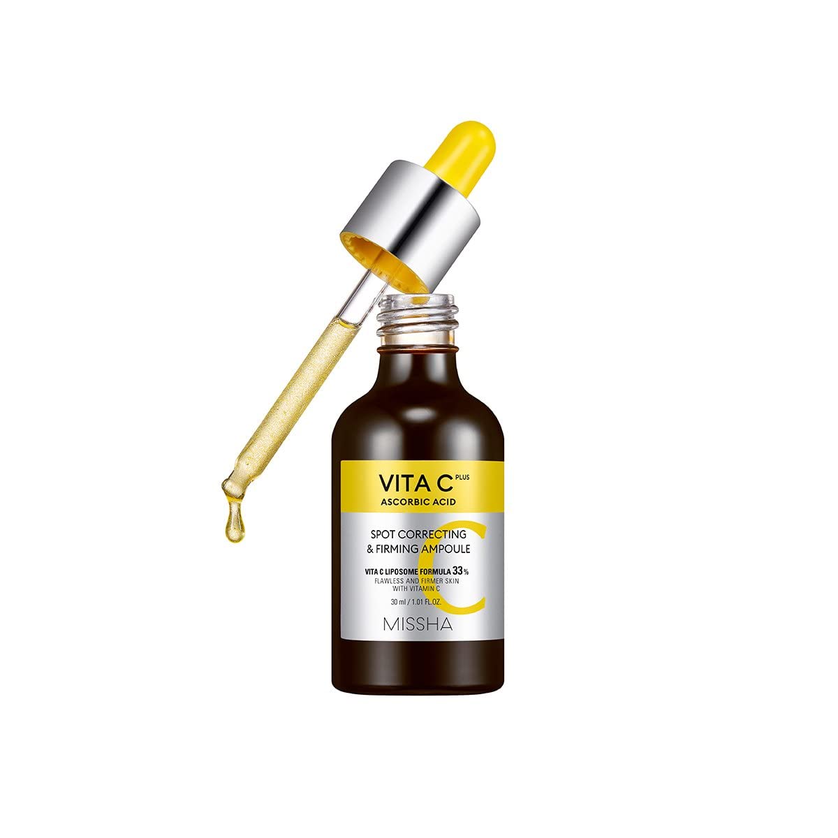 MISSHA Vita C Plus Ampoule Vitamin C Serum Korean Skin Care 1.01 oz | 33% liposome formula with tranexamic acid supports smoother texture, radiance, elasticity, and firm-looking complexion.