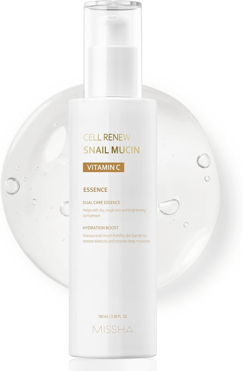 MISSHA Cell Renew Snail Mucin Vitamin C Korean Essence Serum 3.38 oz | 90% Vita Complex supports hydration, smoother texture, elasticity, and radiant glass-skin routine for dry or oily types.