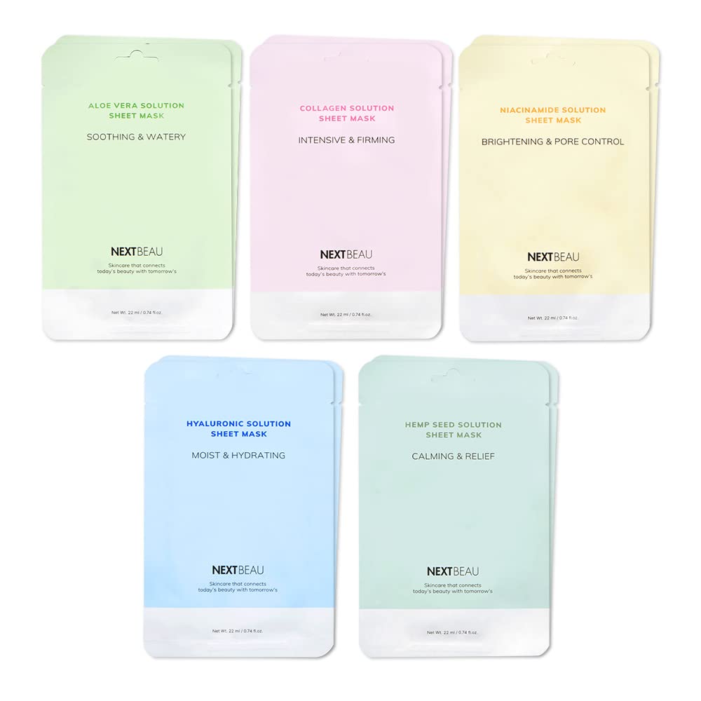 Solution Sheet Mask Variety Pack, 10 Count (5 Types x 2 Sheets), 0.74 fl oz Each, Korean Facial Sheet Masks for Daily Skincare