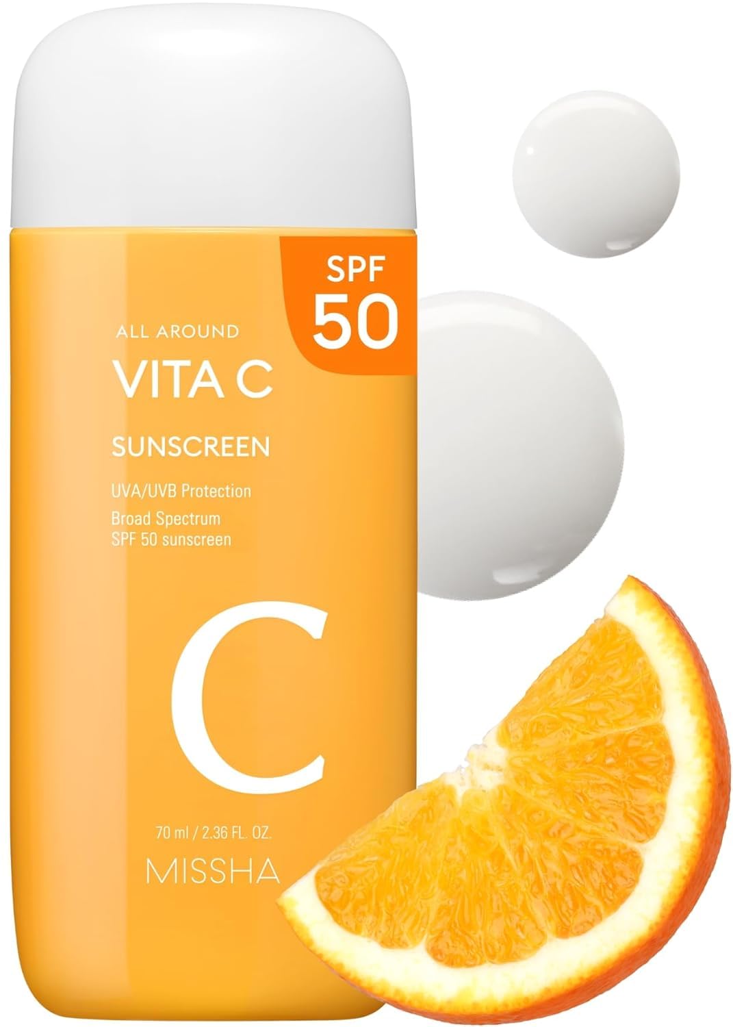MISSHA All Around Vita C Sunscreen SPF 50, Vitamin C Face Care 2.36 oz | Korean sunscreen with sheer zinc oxide texture, non-sticky feel, sebum control, and radiant-looking daily protection.