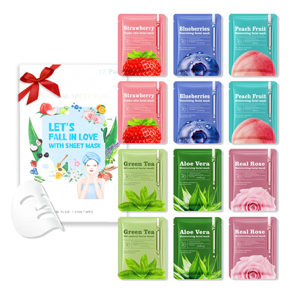 Face Sheet Mask Skincare,Hydrating Spa Face Mask For Sensitive Skin,Moisturize,Nourish for All Skin Types,Natural Skin Care Spa Face Mask for Women Men,Pack of 12