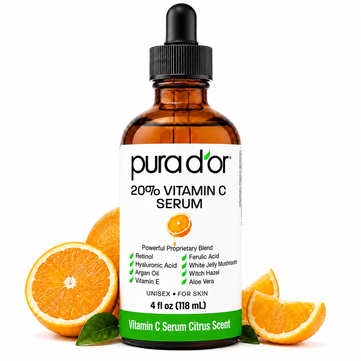 PURA D'OR 20% Vitamin C Anti-Aging Facial Serum, 4 fl oz | Smoother-Looking Texture, pH Balanced, Ferulic Booster, Antioxidant Support, Uneven Tone, Lightweight, Vegan, Cruelty-Free