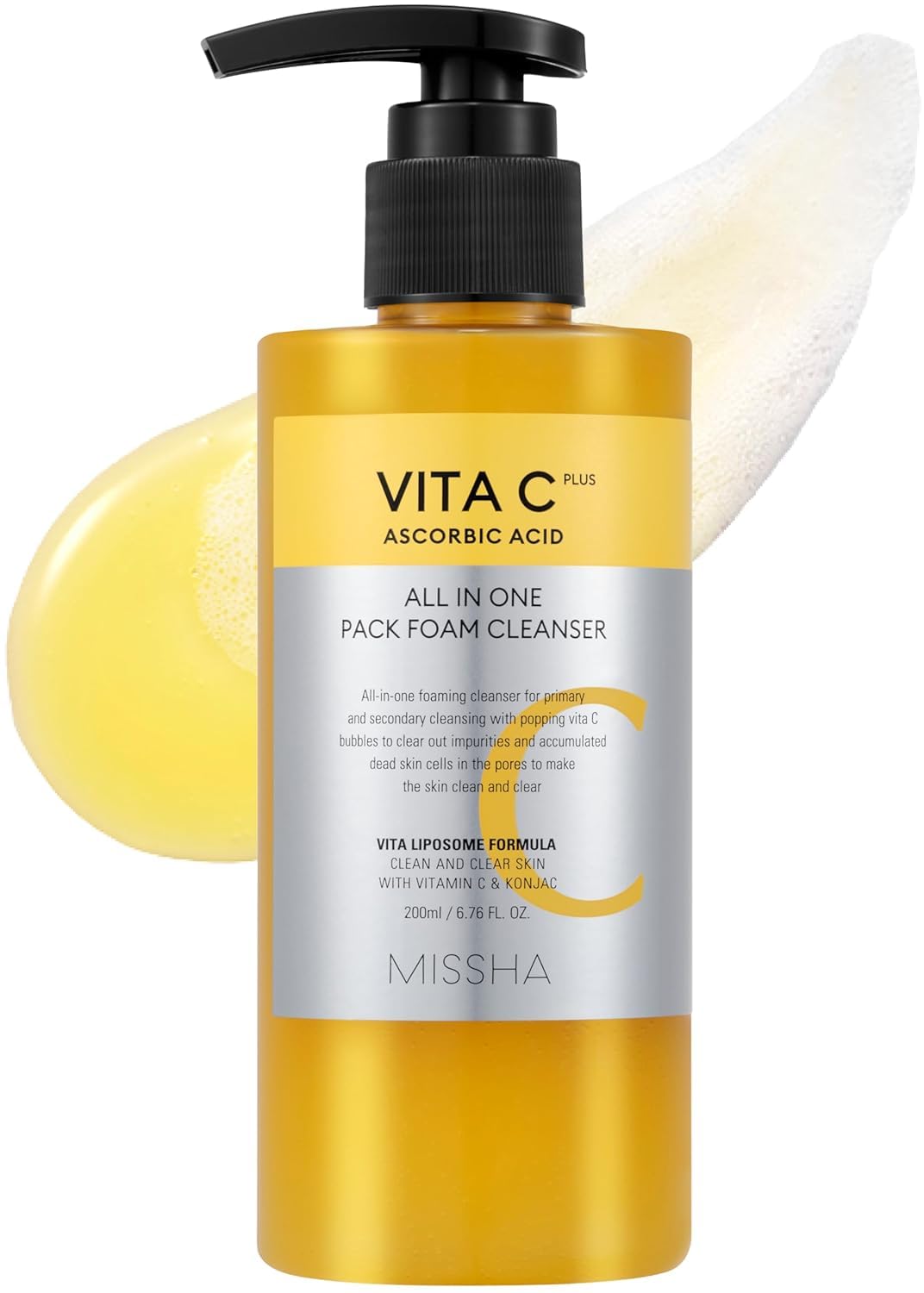 MISSHA Vita C All-In-One Bubble Foam Cleanser Korean Face Wash 6.76 oz | Self-foaming vitamin lather lifts daily buildup and makeup residue; apply on dry complexion, massage with water, rinse.