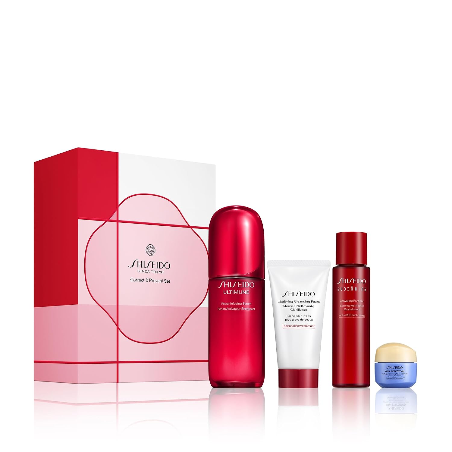 Shiseido Correct & Prevent Set - Clarifying Cleansing Foam (50mL), Eudermine Activating Essence (70mL) Ultimune Power Infusing Serum (75mL) & Vital Perfection Advanced Cream (15mL) - $266 Value