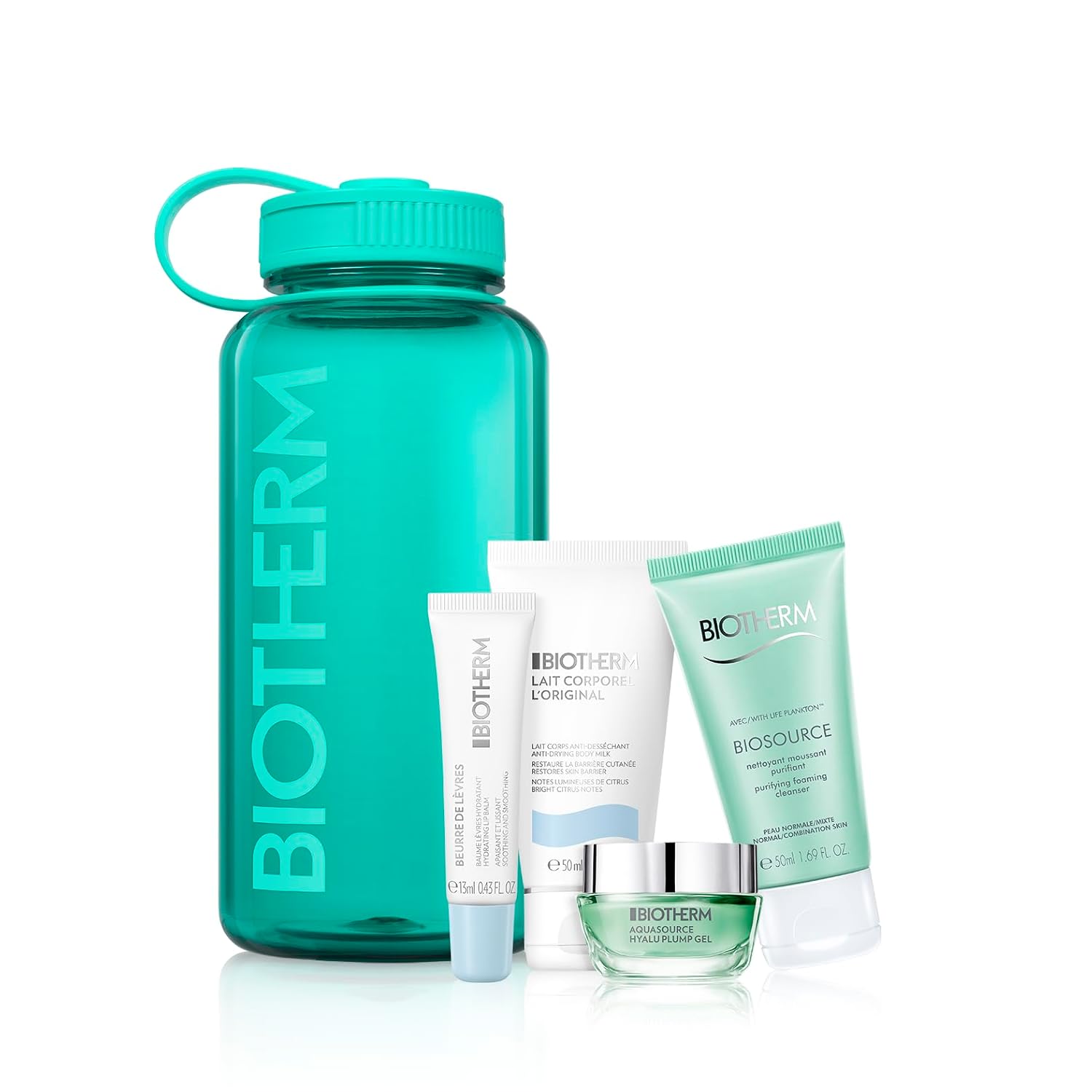 Biotherm The Drop - Aqua Drop for Women, Skin and Body Hydration Essentials for Normal to Oily Skin, Packed in a 1L Recycled, Reusable Plastic Water Bottle, With 4 Body and Skincare Products