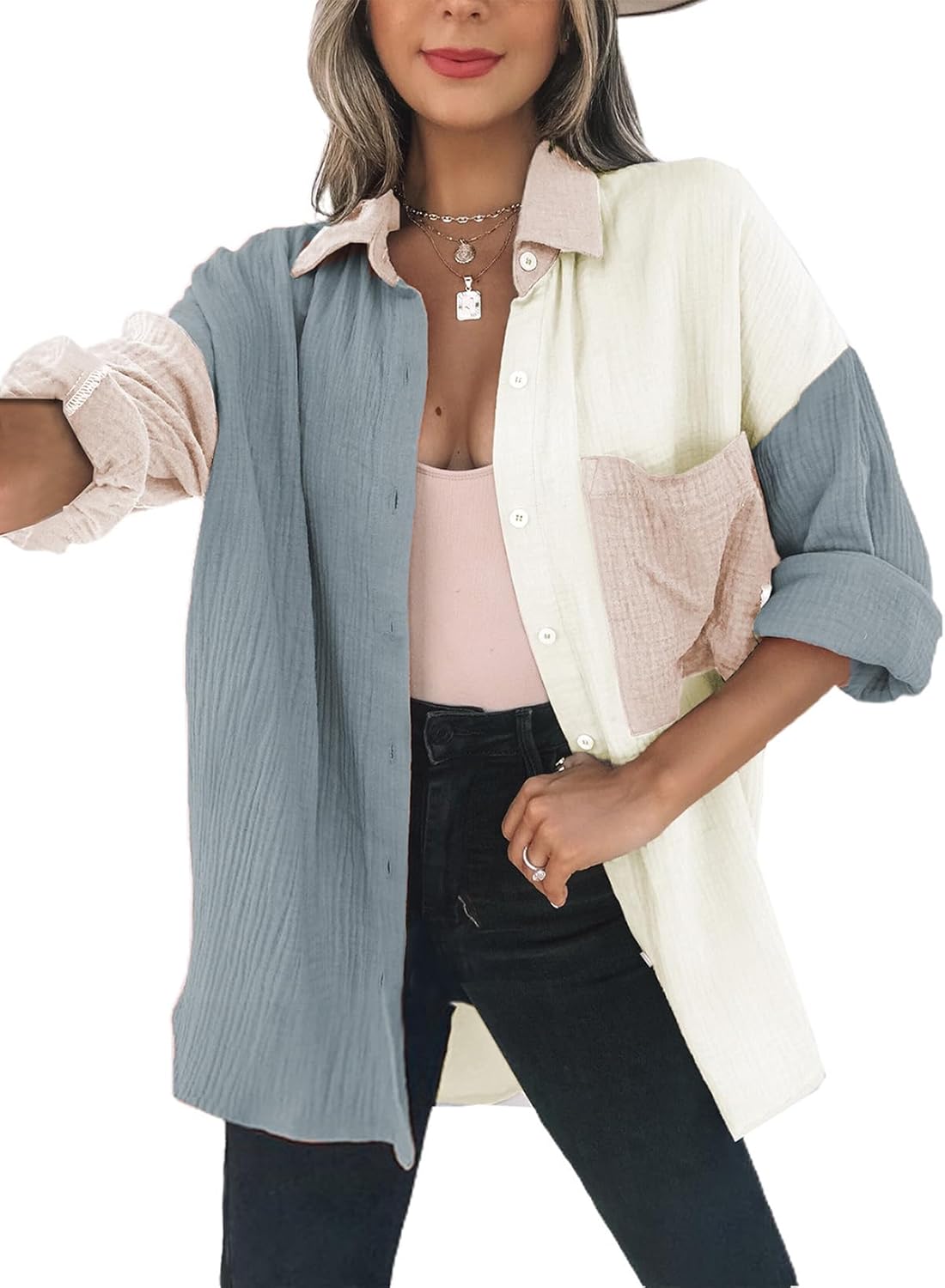 Dokotoo Womens Color Block Button Down Shirts Long Sleeve Oversized Boyfriend Blouses Tops