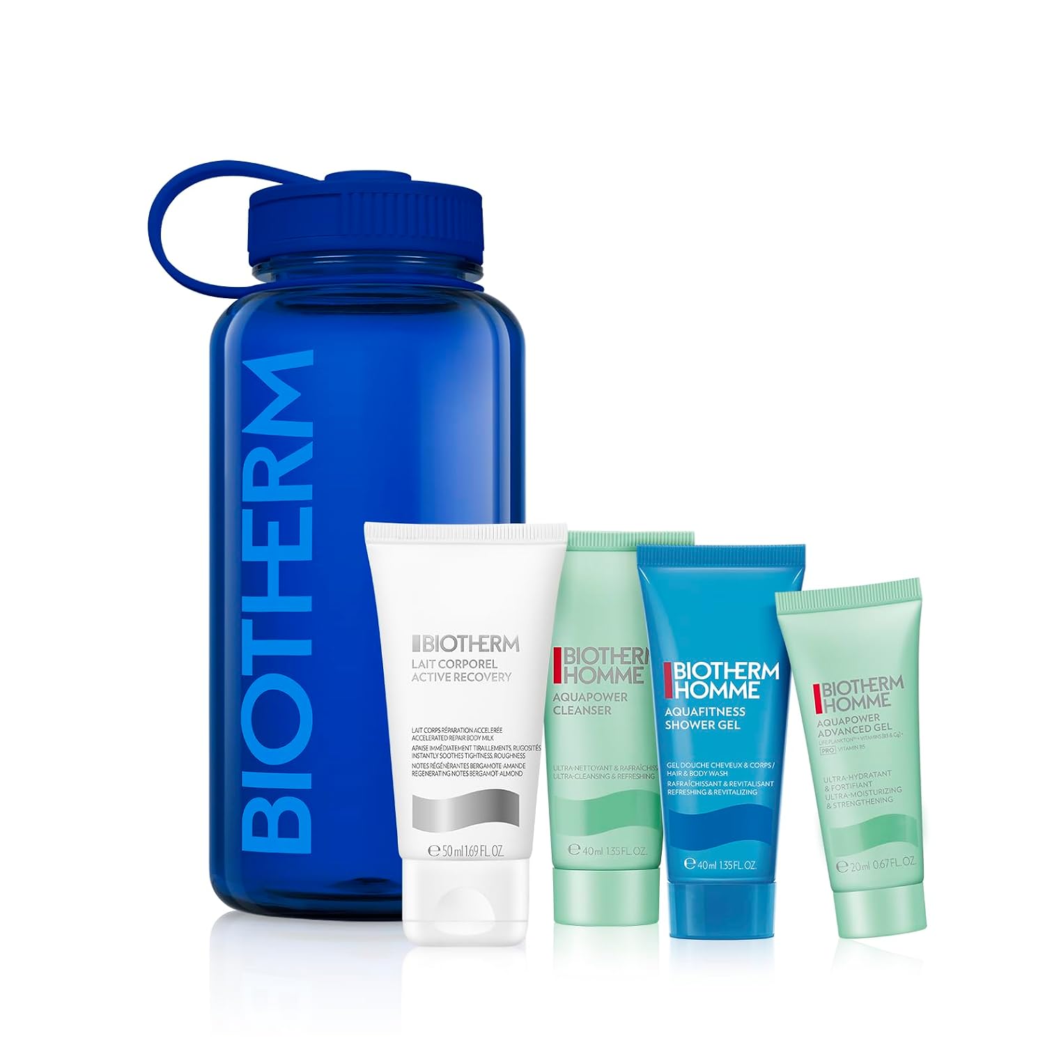 The Biotherm Drop - The Power Drop for Men, Hydration Essentials to Quench Your Skin & Body's Thirst Post-Workout Packed in a 1L Recycled Reusable Plastic Waterbottle with 4 Body and Skincare Products