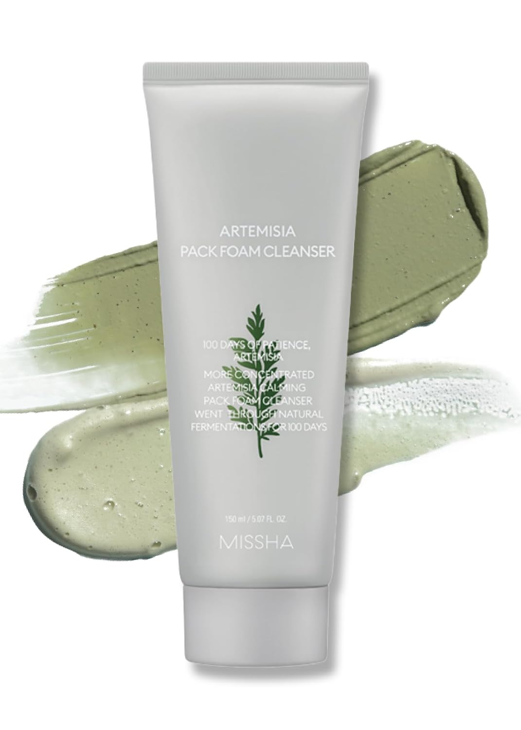 MISSHA Artemisia Pack Foam Cleanser 5.07 Fl oz/ 150ml, 2-in-1 Korean Facial Cleanser & Clay Mask with Double-Fermented Mugwort Extract, Soothes Sensitive Skin