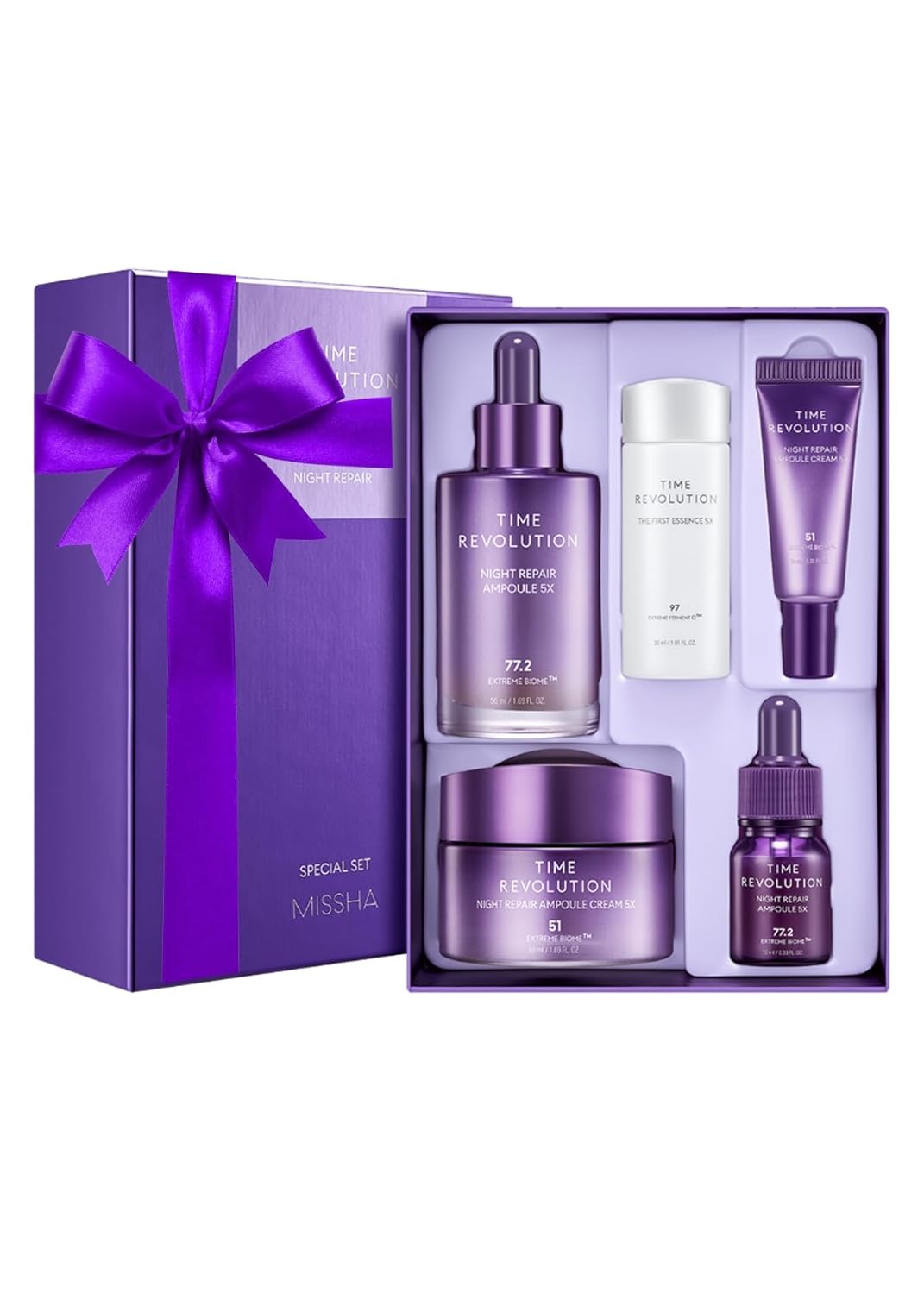 MISSHA Time Revolution Night Repair 5X Gift Set, Ampoule Cream Essence | Korean skin care, k-beauty glass skin regimen with fermented complex helps hydration, radiance, elasticity, and texture.
