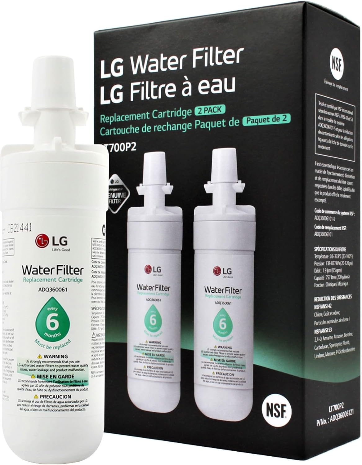 LG LT700P2 6-Month / 200 Gallon Refrigerator Replacement Water Filter, 2 Count (Pack of 1), White