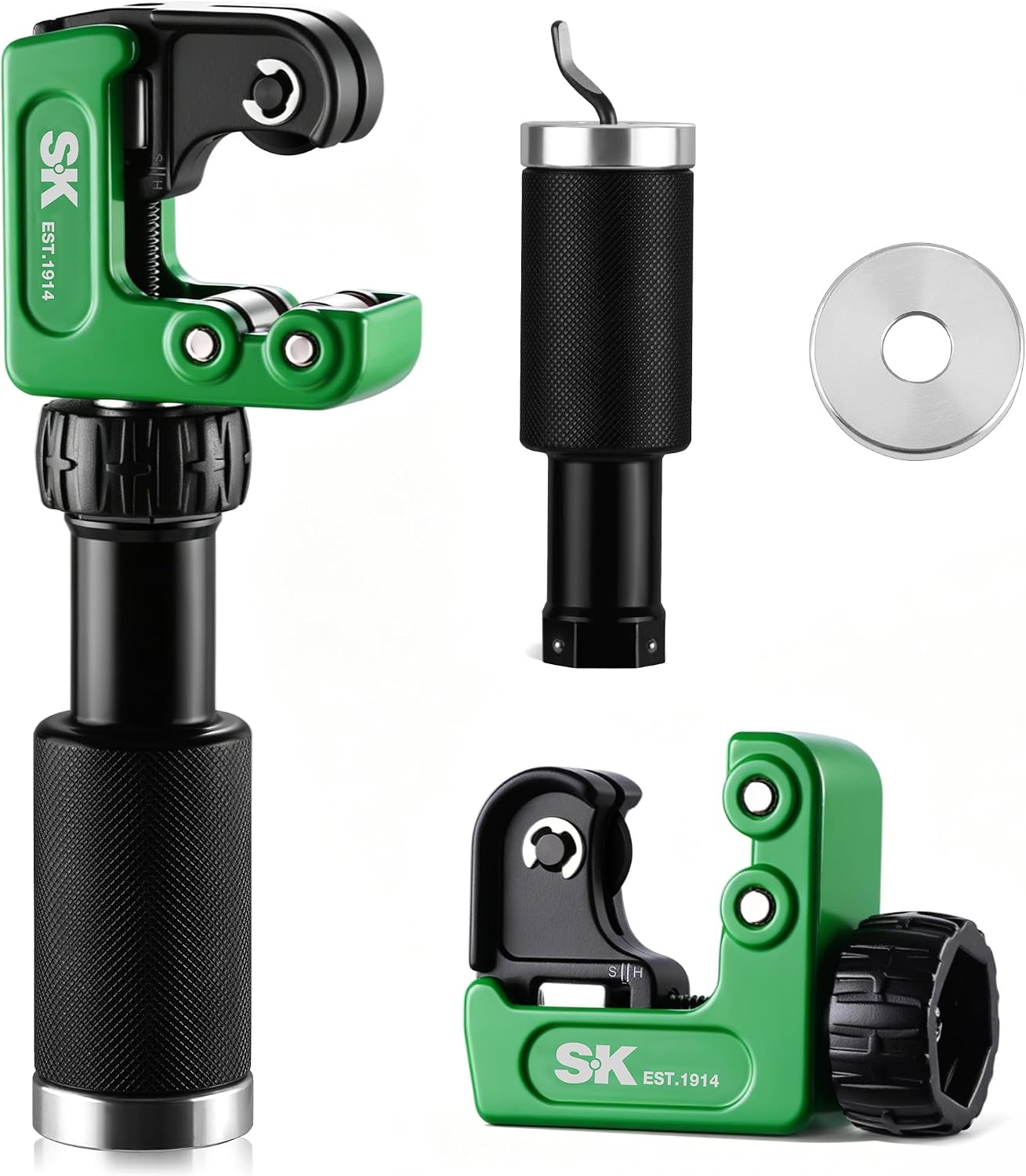 SK Copper Pipe Cutter, 52100 Bearing Steel Blade for 1/4"–1 1/4" OD Tube | 2-Piece Tubing Cutter Set, Detachable Extension Handle & Concealed Deburring Scraper, for Copper, Aluminum and PVC Tube