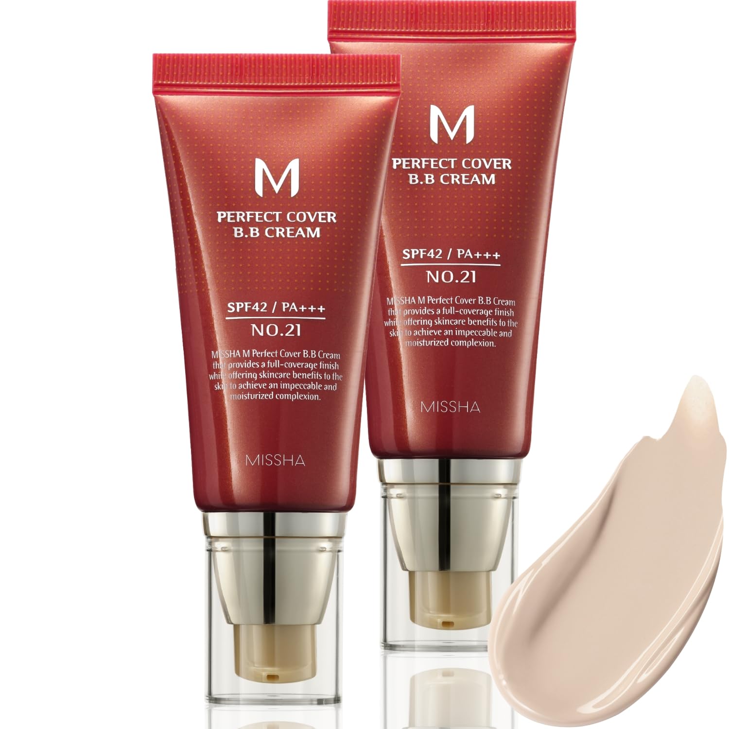 MISSHA M Perfect Cover BB Cream Dual Pack No.21 Light Beige SPF 42 PA+++ | Light cool undertone skin; dual pack value, tinted moisturizer for face, buildable coverage, smooth natural finish