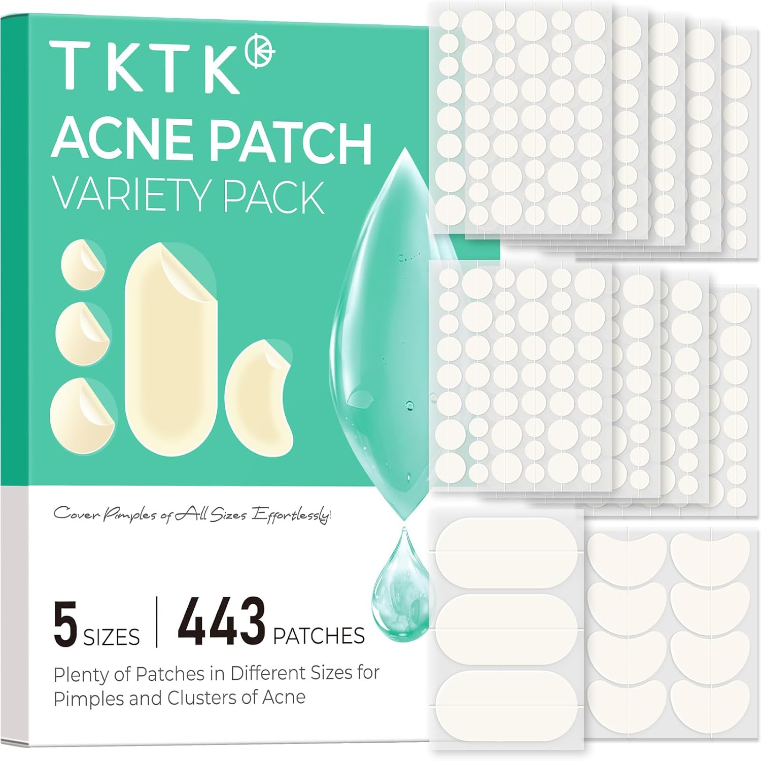 TKTK 443 Count Pimple Patches for Face, Hydrocolloid Acne Cover Patch Bulk | Pimple Stickers for Cheeks, Forehead, Chin Blemishes Zit & Breakouts, All Skin Types, Dots, Strips, Contoured 5 Sizes Varie