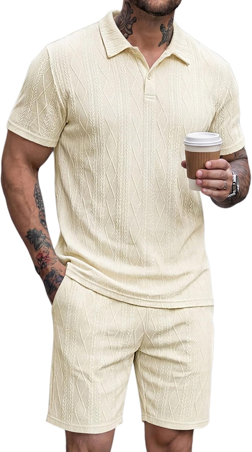 JMIERR Mens 2026 Casual 2 Piece Outfits Lounge Sets Jacquard Knit Short Sets Golf Short Sleeve Outfits for Beach Vacation