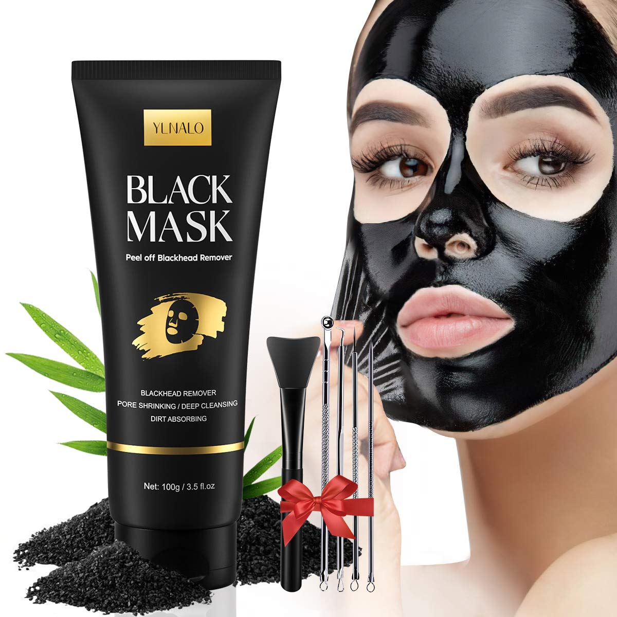 YLNALO Blackhead Remover Mask Kit, Charcoal Peel Off Facial Mask with Brush and Pimple Extractors, Deep Cleansing for Face Nose Blackhead Pores, For All Skin Types (3.5 Fl.oz)