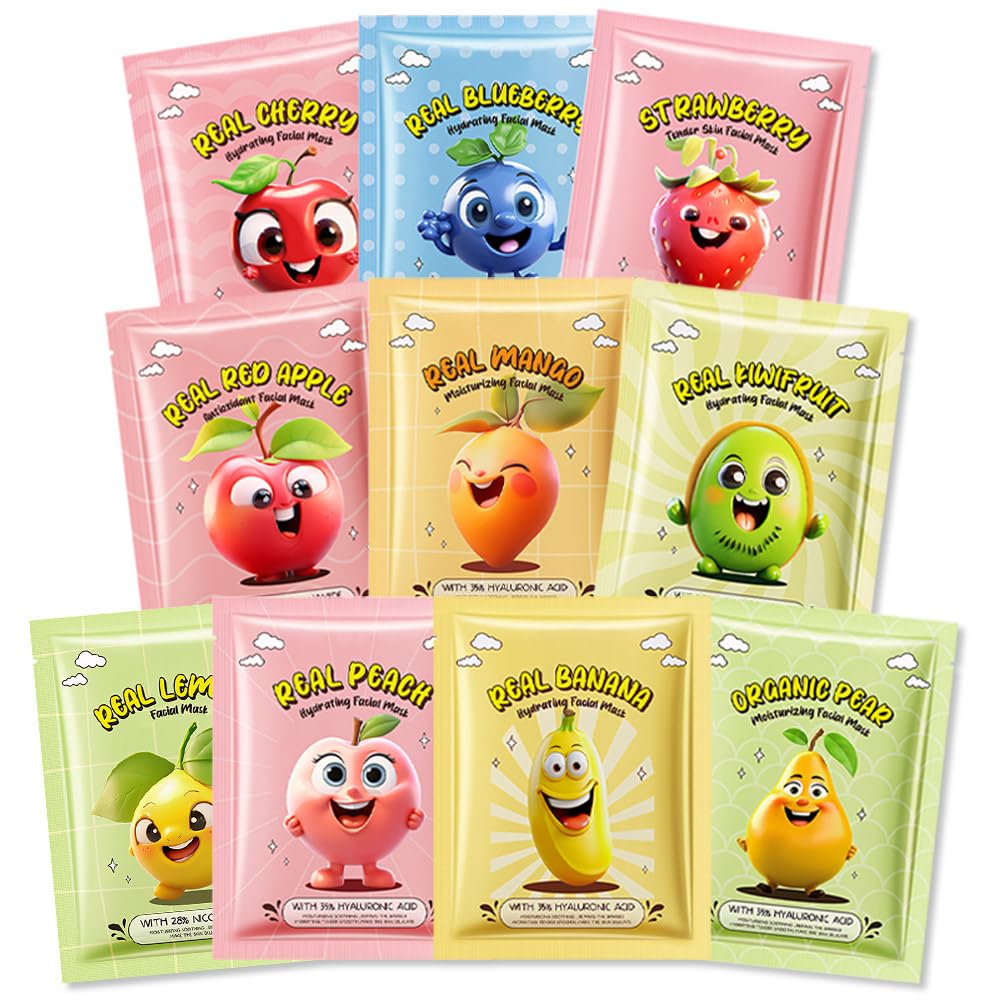 10 Pack Fruit Face Masks for Kids, Kids Face Mask Spa Day Kit Supplies, Spa Party Favors for Teens Girls Women, Sheet Facial Mask Skincare Gifts Set, Moisturize Soothe for All Skin Types, 02