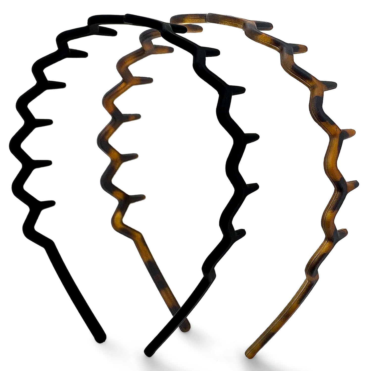 Kitsch Zig Zag Headbands for Women – Fashion Accessories for Slicked Back Styles - Comfortable Wavy Headbands | Comb Headband with Teeth | Ideal Gifts for Women - Black and Tortoise - 2 pcs