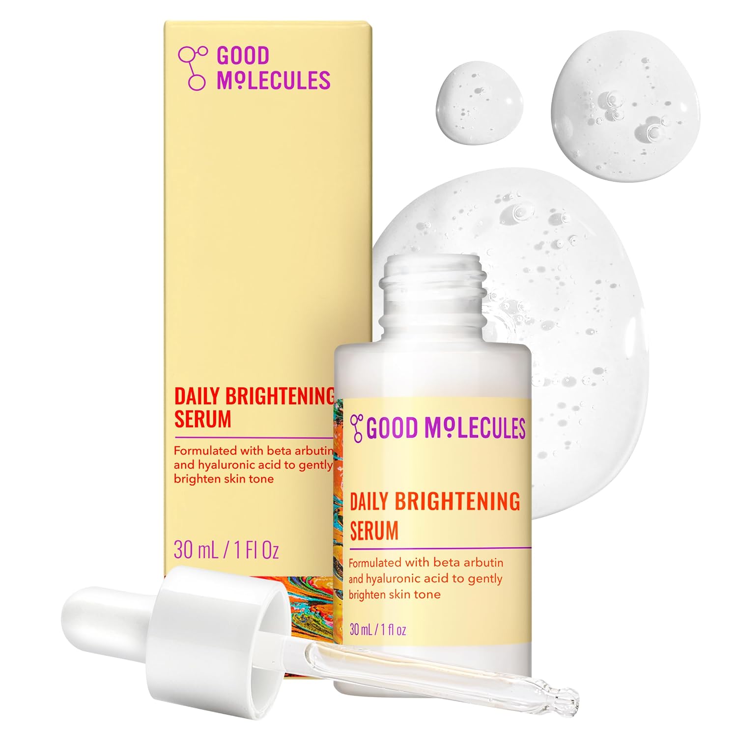 Good Molecules Daily Brightening Serum with Beta Arbutin, 1 fl oz | Gently brightens the look of skin tone with beta arbutin and hyaluronic acid. Lightweight, gentle, and layers well.
