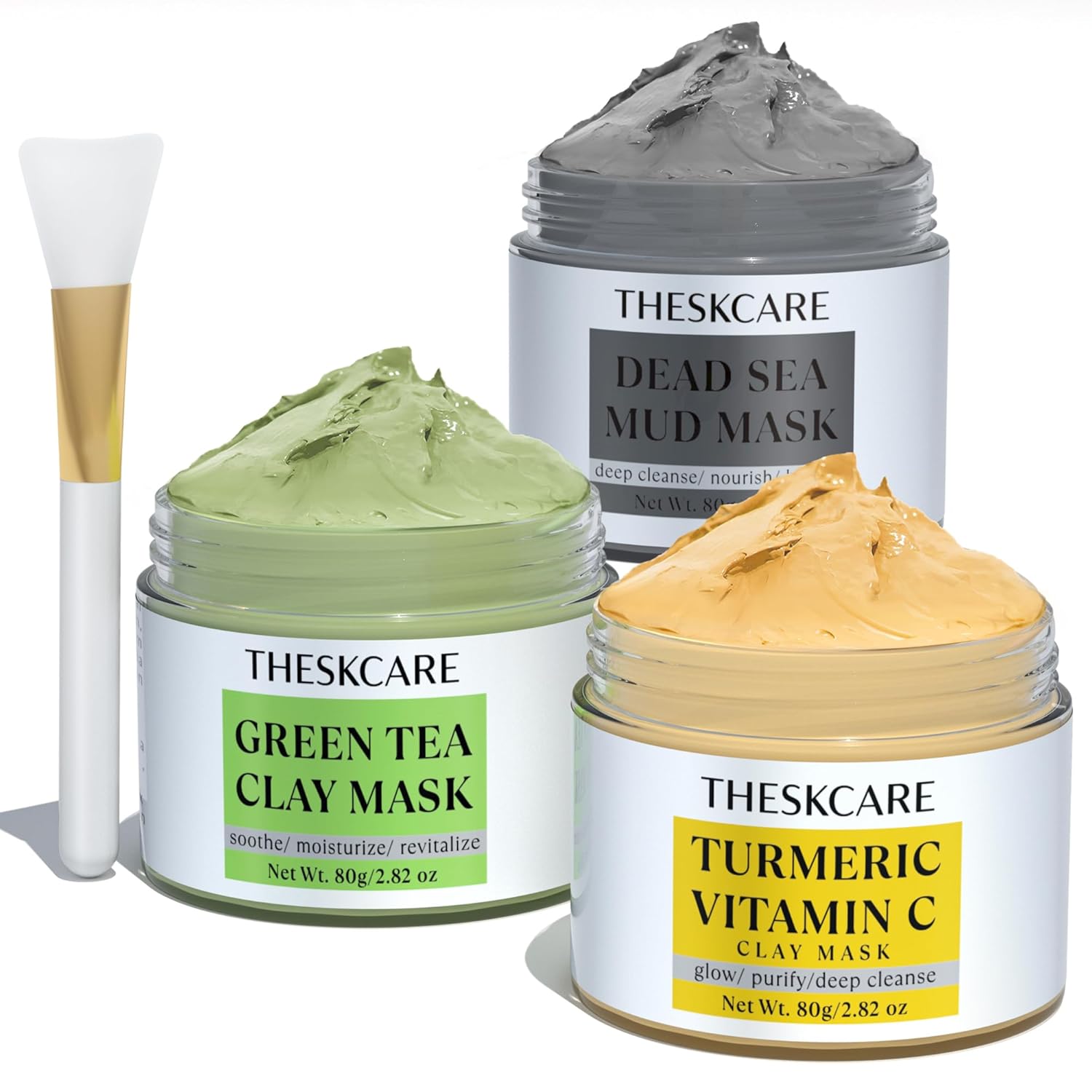 3 PCS Clay Mask Turmeric Vitamin C Dead Sea Mud Green Tea Face Mask 240g | Set with turmeric vitamin C, dead sea mud, and green tea masks to control oil, cleanse and reveal radiant glow. 2.82 oz each.