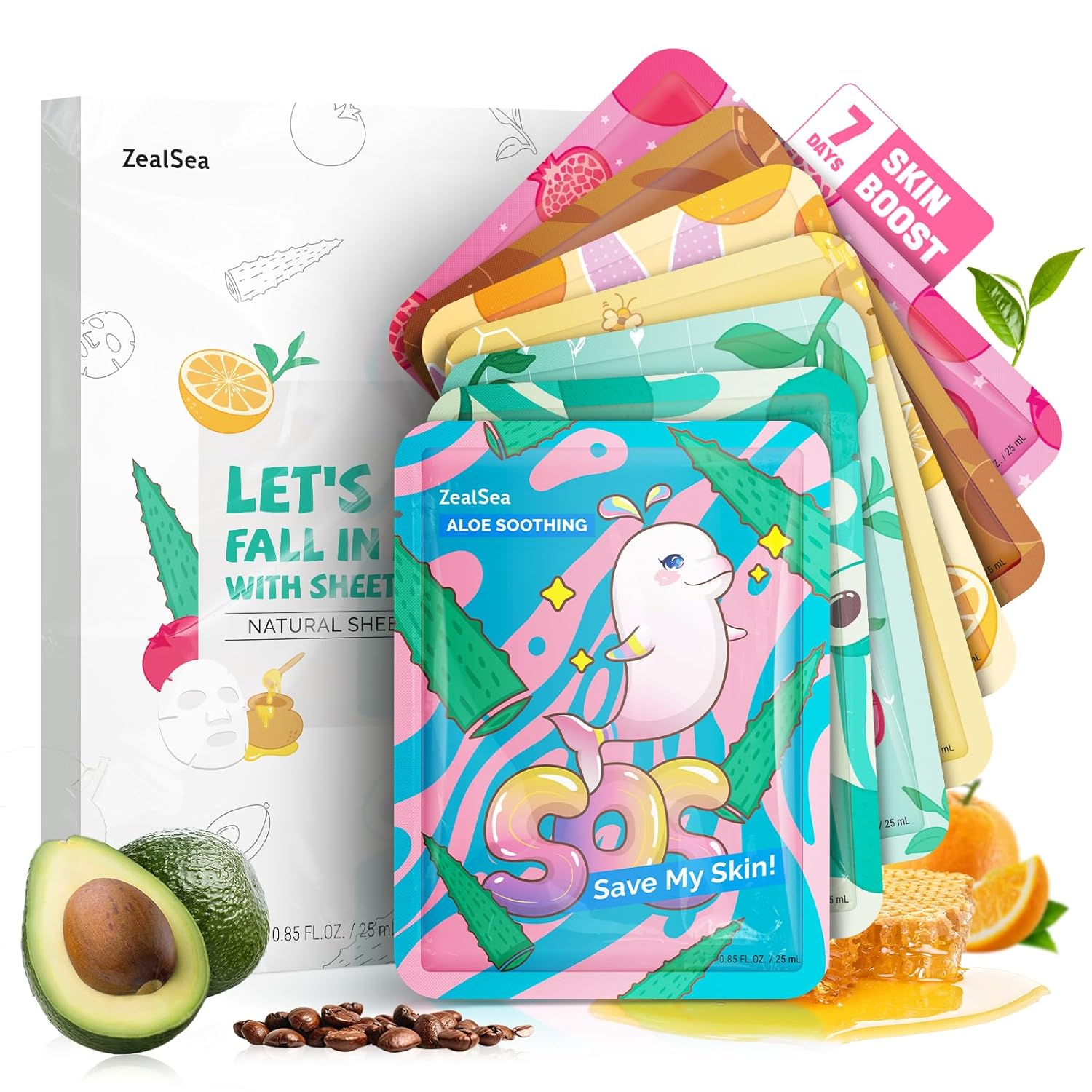 ZealSea Face Mask Skincare Facial Sheet Mask Spa Gifts for Kids Girls Women | 7Days Variety Self Care Set, Deep Hydrating & Glow, Gentle on All Skin Types, Fun Sleepover Slumber Party for Teens, Birth