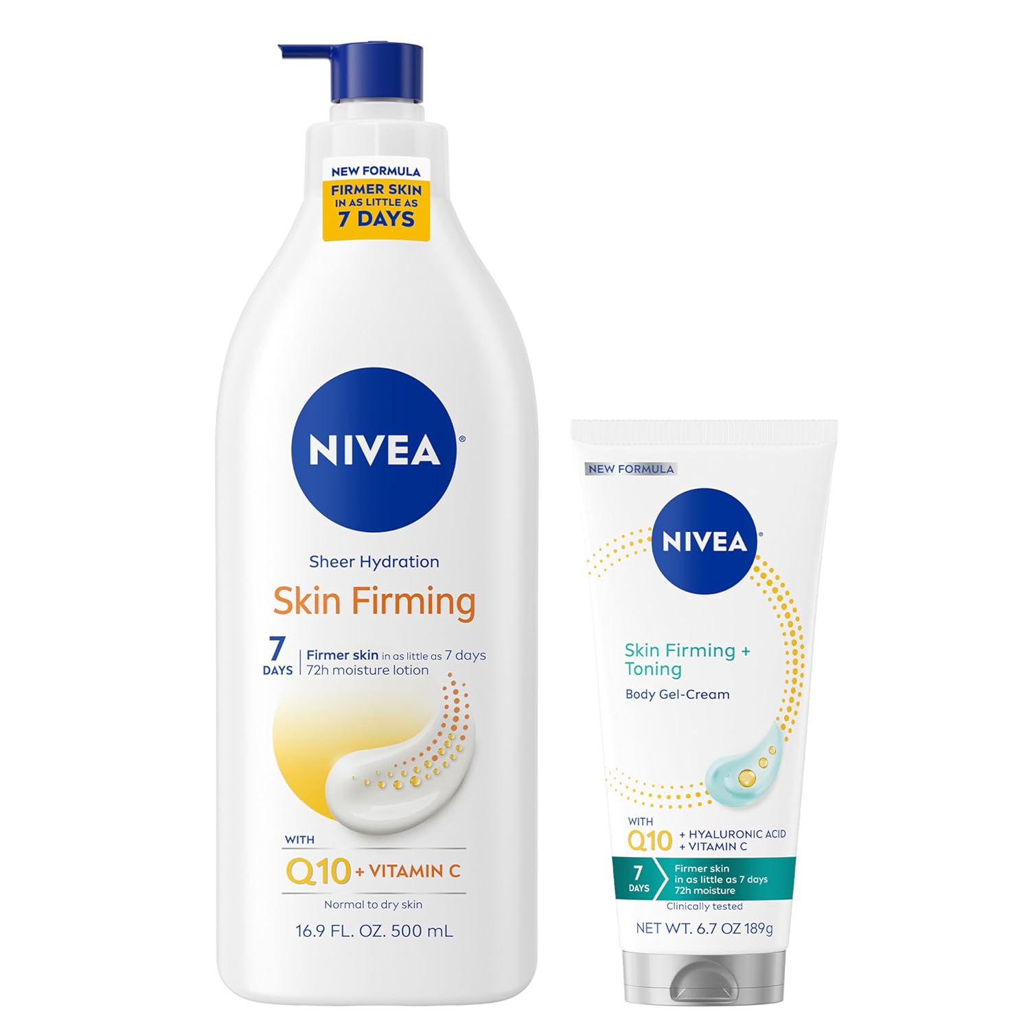 NIVEA Skin Firming Skin Care Set, Body Lotion and Gel Cream, 2 Items Total | Sheer Hydration Skin Firming Body Lotion (16.9 FL OZ), Skin Firming and Toning Body Gel Cream (6.7 OZ)