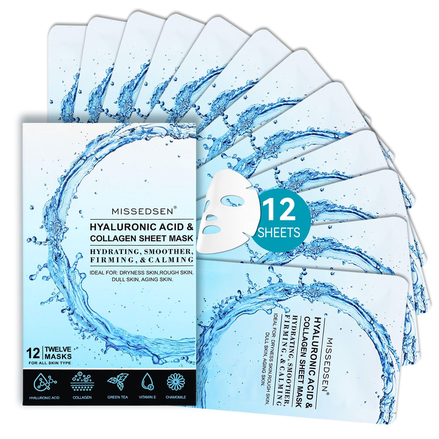 Collagen Face Mask 12PCS Face Masks Skincare,Face Masks Bulk | Hyaluronic Acid, Vitamin E Oil, Hydrating, Moisturizing, Brightening & Anti Aging