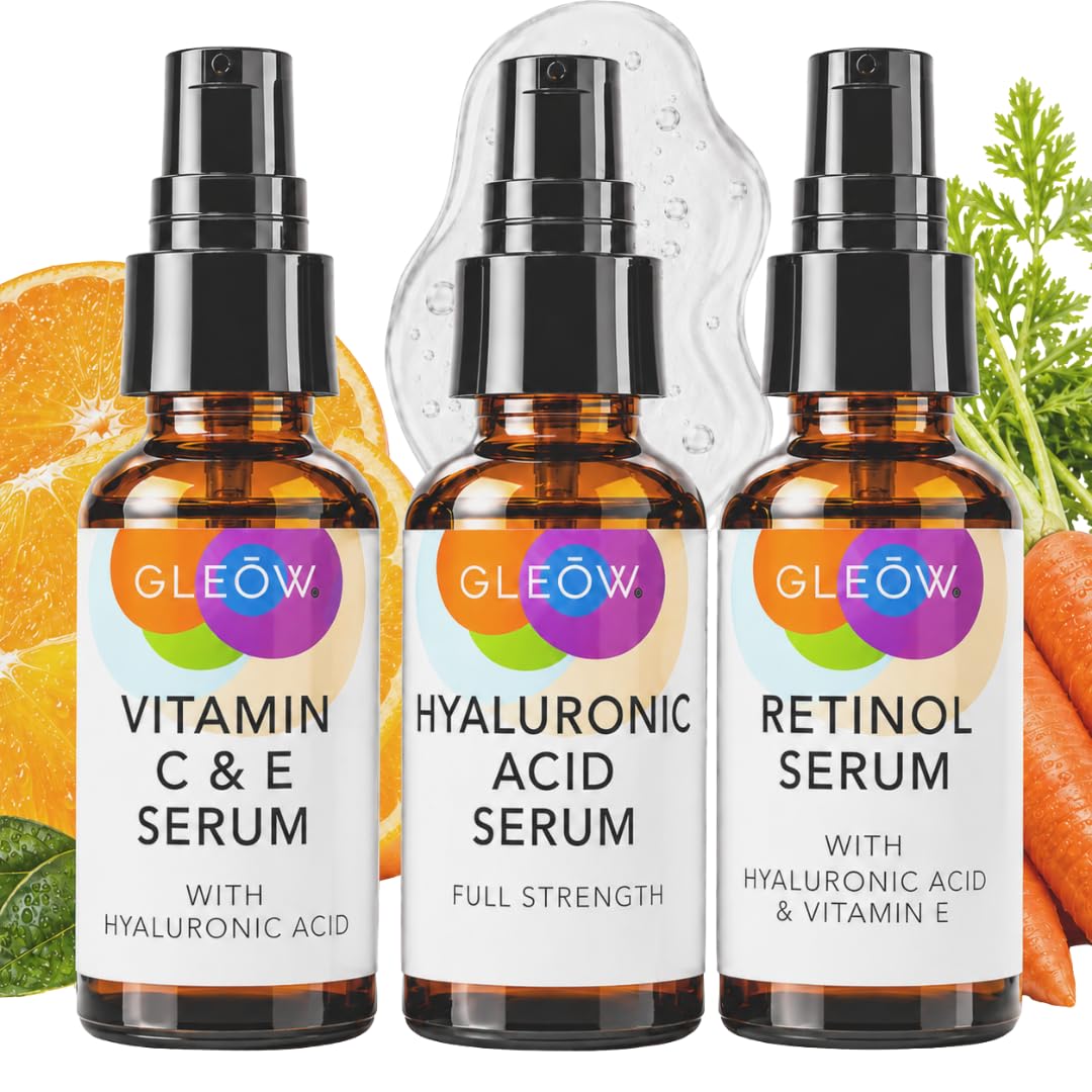 GLEOW Skincare Set: Retinol, Vitamin C, and 99% Hyaluronic Acid Serum, Face Serum Set Targets Appearance of Uneven Skin and Dryness, Total Package Serum Set 3x1 oz