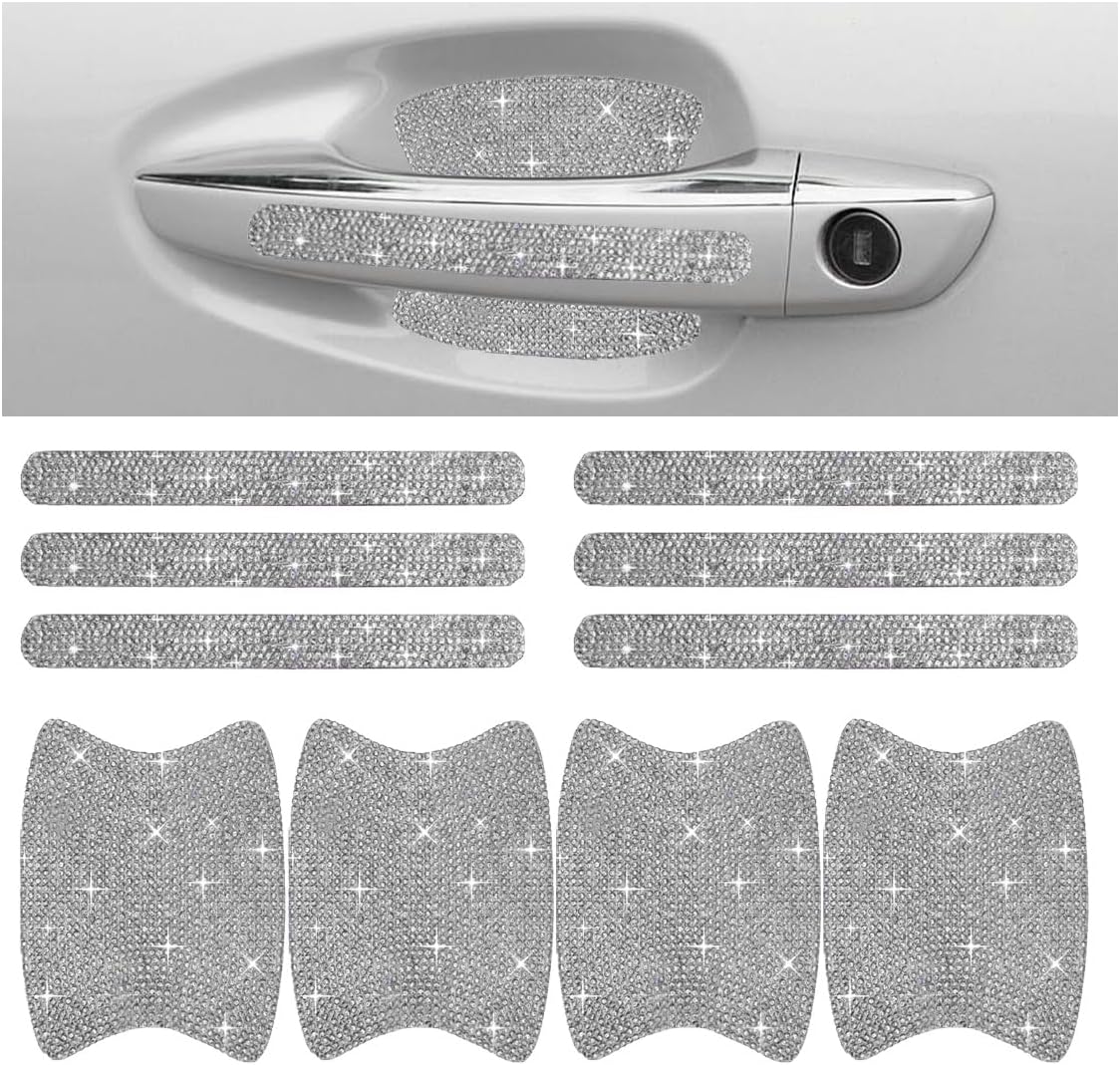 Bling Car Door Handle Protector, Bling Auto Doors Handles Sticker Anti-Scratch, Universal Car Door Handle Protective Cover, Shiny Rhinestone Auto Decor Accessories for Women (White)