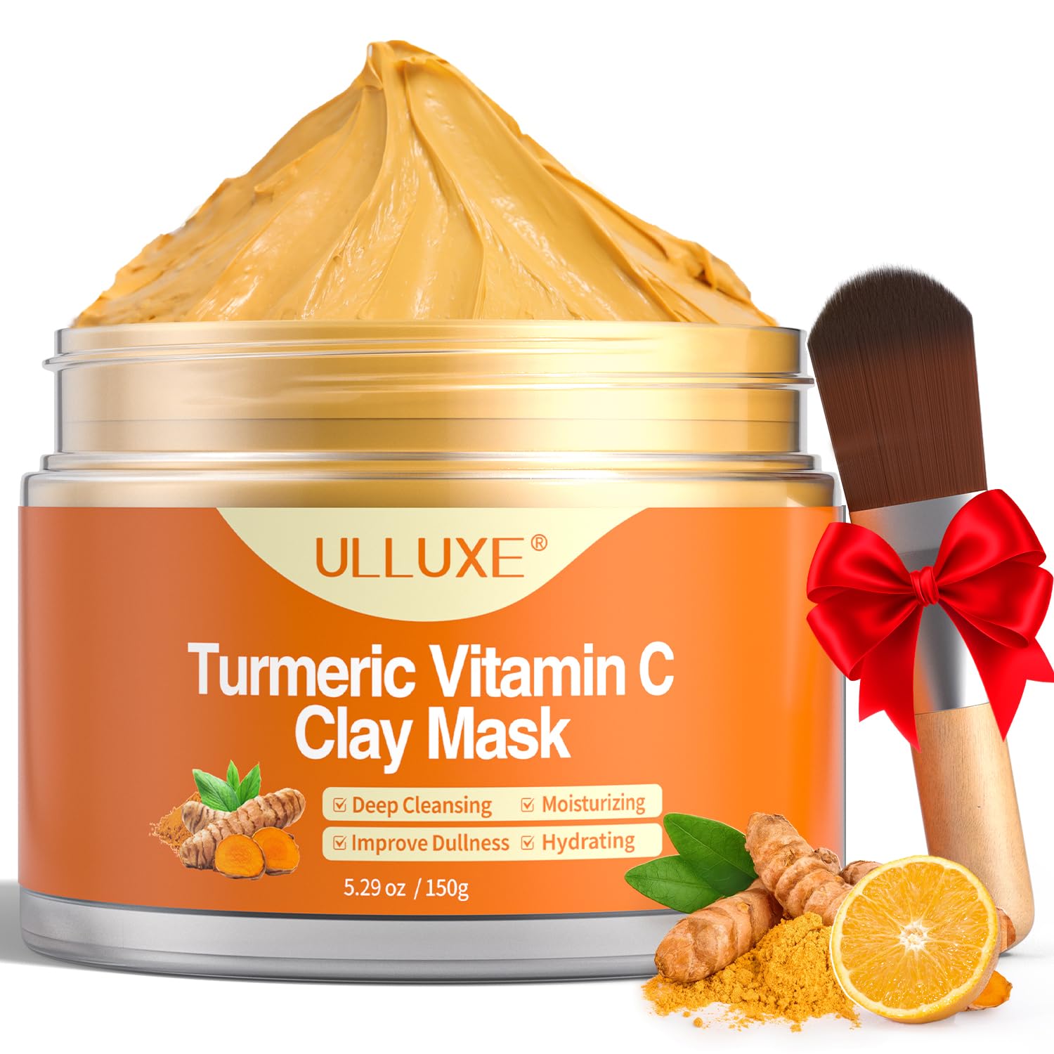 ulluxe Turmeric Vitamin C Clay Mask for Dark Spots, Dull Skin, Moisturizing, Skincare Facial Mask for Blackheads and Pores Cleansing, Improve Uneven Skin Tone, Face Skincare Gift, 5.29 oz