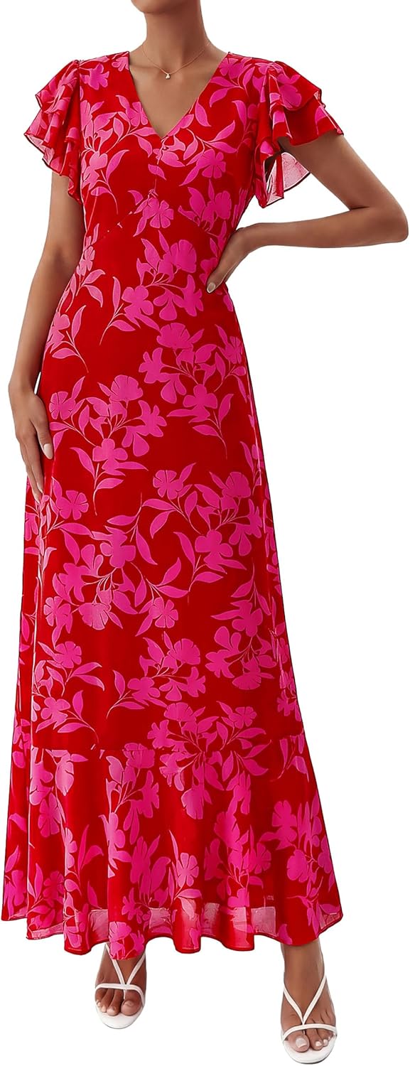 PRETTYGARDEN Spring Dresses for Women 2026 Summer Boho Floral Ruffle Short Sleeve Flowy Beach Wedding Guest Maxi Long Dress