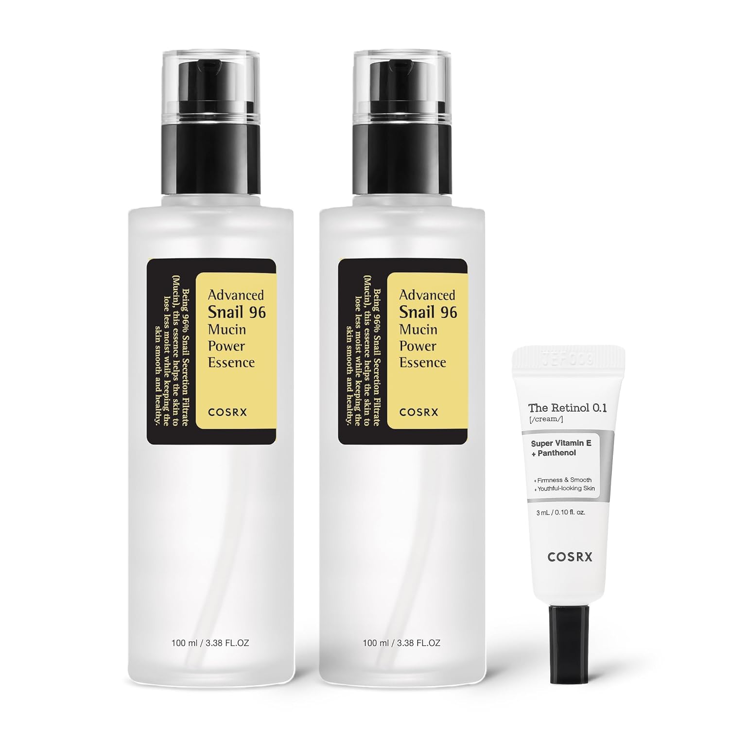 COSRX Snail 96% Mucin Essence 2ea & Retinol 0.1% Cream Mini Sample 1ea | Glass Skin Starter Set, Amazon Exclusive, Daily Hydrating & Firming Korean Skin Care Kit, Self Care Gift Set for Women
