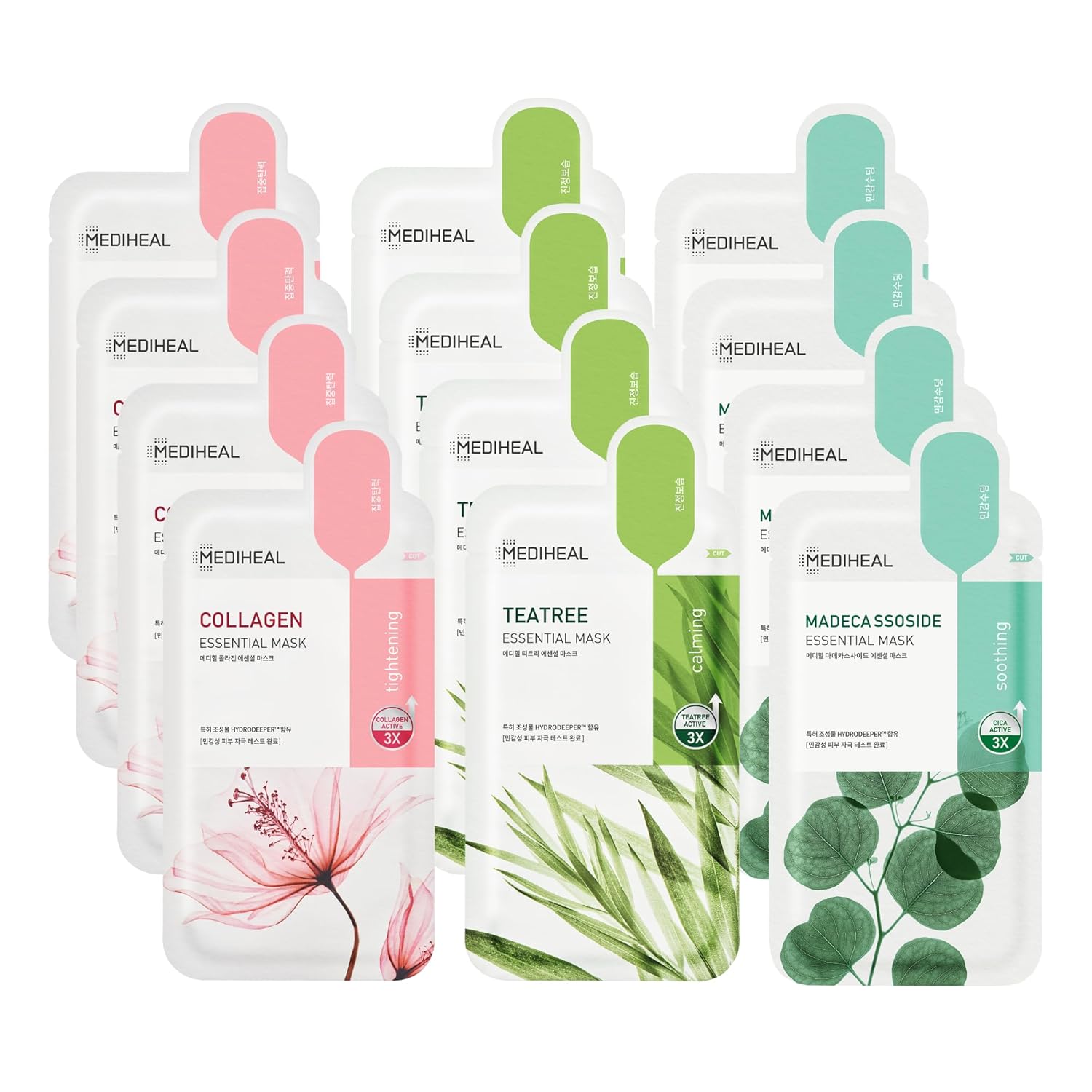 Mediheal Sheet Mask Essential HERO 12 Pack (Collagen, Tea Tree, Madecassoside) | Korean Skincare Facial Sheet Mask Combo, Moisturizing, Soothing and for Blemishes