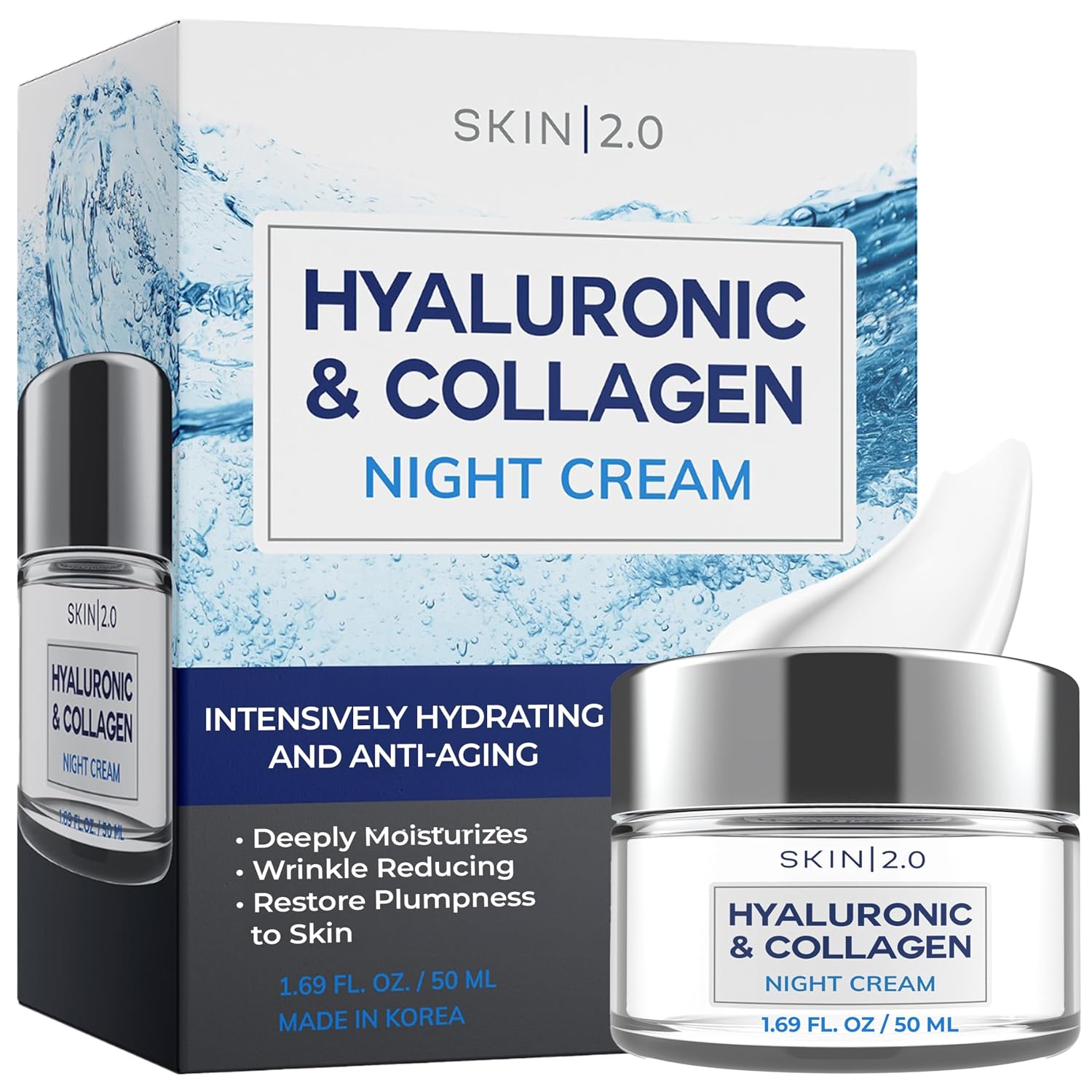 Skin 2.0 Hyaluronic & Collagen Face Moisturizer – Deep Hydration & Firming Night Cream For Dry or Dull Skin – Dermatologist Tested, Anti Aging, Korean Skin Care, Vegan, Clean Beauty – 1.69 Fl Oz