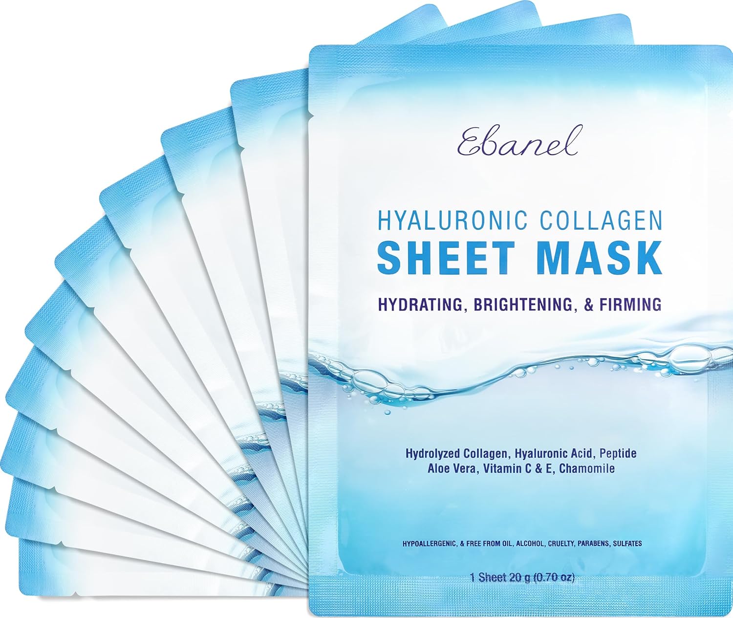 Ebanel 10-Pack Collagen Face Mask with Hyaluronic Acid, Vitamin C, Peptide | Instant Brightening Hydrating Face Masks Skincare Korean Sheet Mask, Skin Firming, Lifting Anti Aging Facial Masks