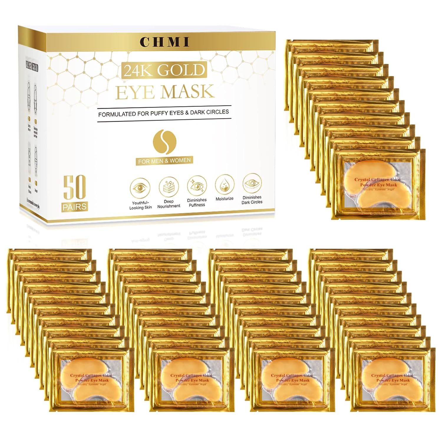 CHMI 24K Gold Under Eye Patches 50 Pairs Collagen, Dark Circles, Wrinkles | Puffy looking eyes, collagen skin care, hydrating eye mask, hydrogel, hyaluronic acid, vitamin E, men & women, travel, gift
