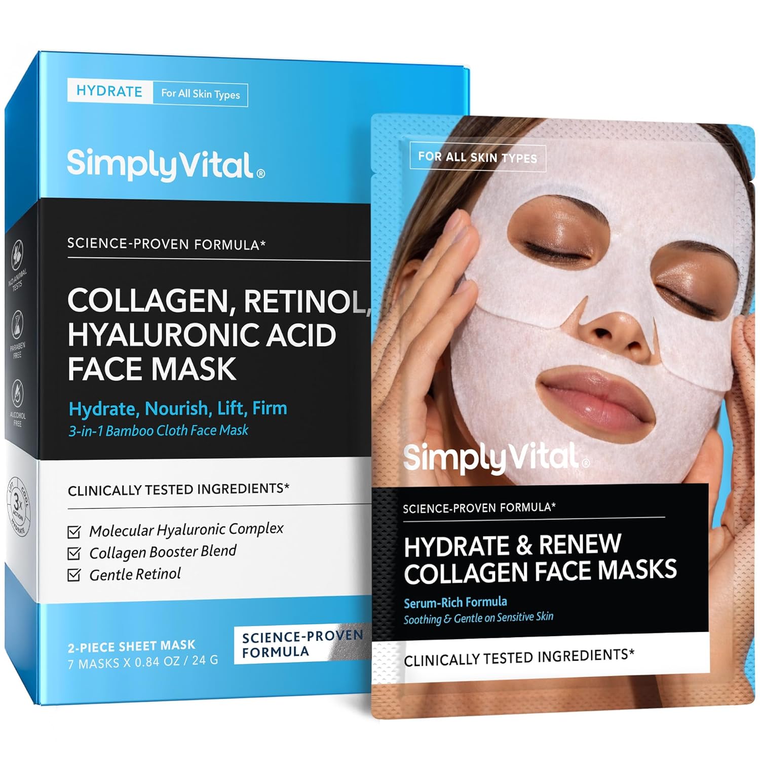 Collagen Facial Mask - Retinol Hyaluronic Acid Hydrating Sheet Mask 7 Pack | Hydrating Face Masks for Women Skin Care, Facial Masks, T Line & V Line, Cloth Sheet Feel, Daily Skincare Routine, Soft Fee