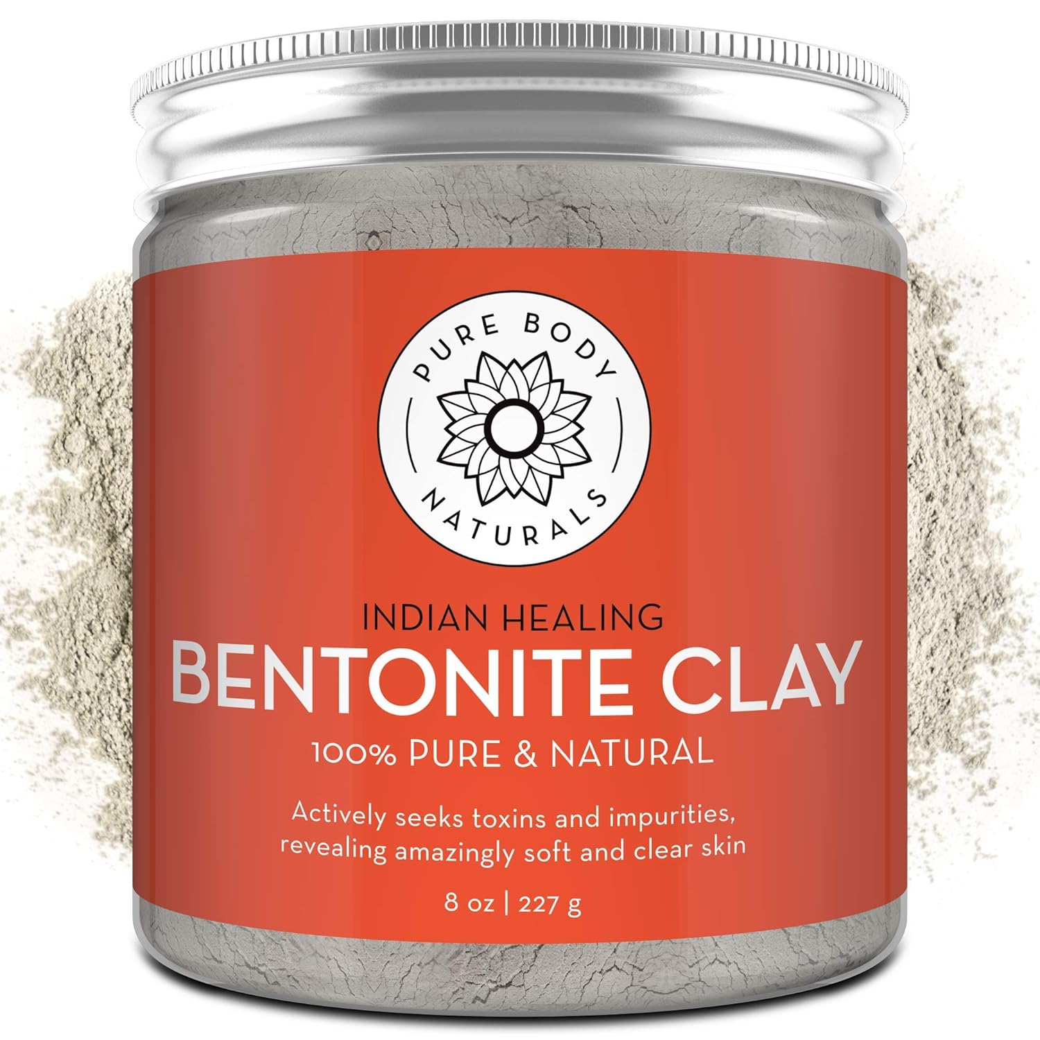 Pure Body Naturals Bentonite Clay Powder, Indian Healing Clay, 8 oz | Armpit and underarm detox, deep pore cleansing face and body mask, mix your own DIY treatment for women
