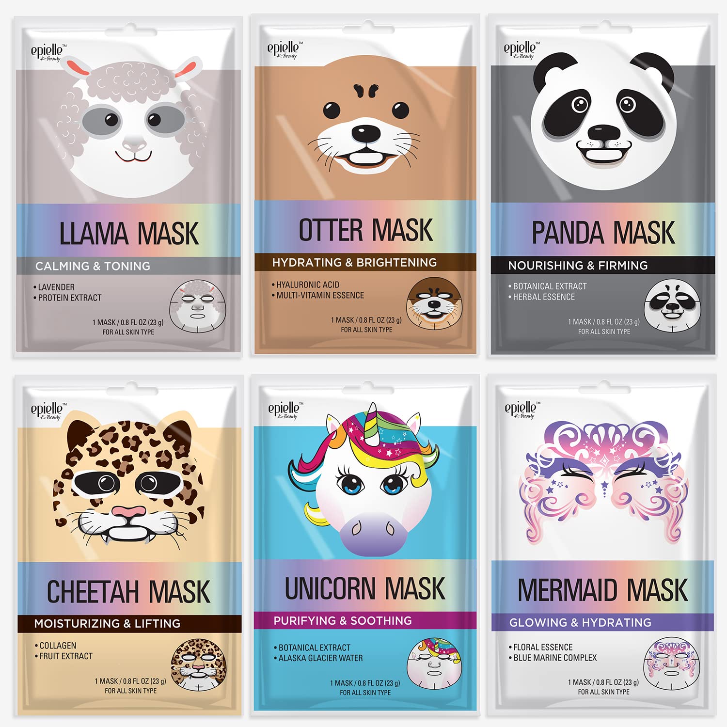 Epielle Character Face Mask Mystical Safari 6 Pack, Fun & Effective Korean Skin Care, Spa Party Favors, Birthday Gifts for Women, Self Care Gifts