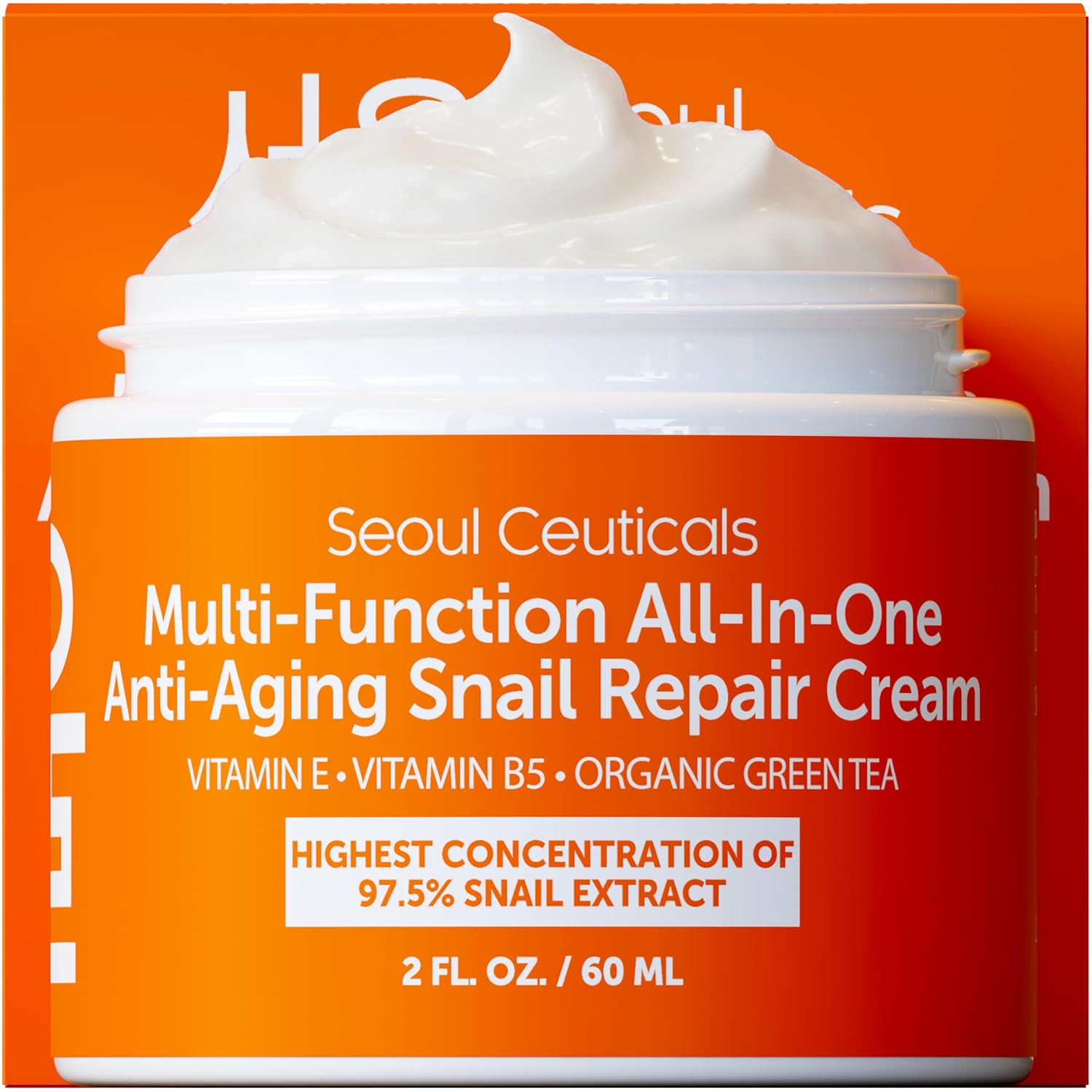 SeoulCeuticals 97.5% Snail Mucin Korean Face Moisturizer Day & Night Cream | 2oz Anti Wrinkle Anti Aging Repair, Natural Organic Cruelty Free Skin Care, K Beauty Facial Skincare for Oily Normal Dry Sk