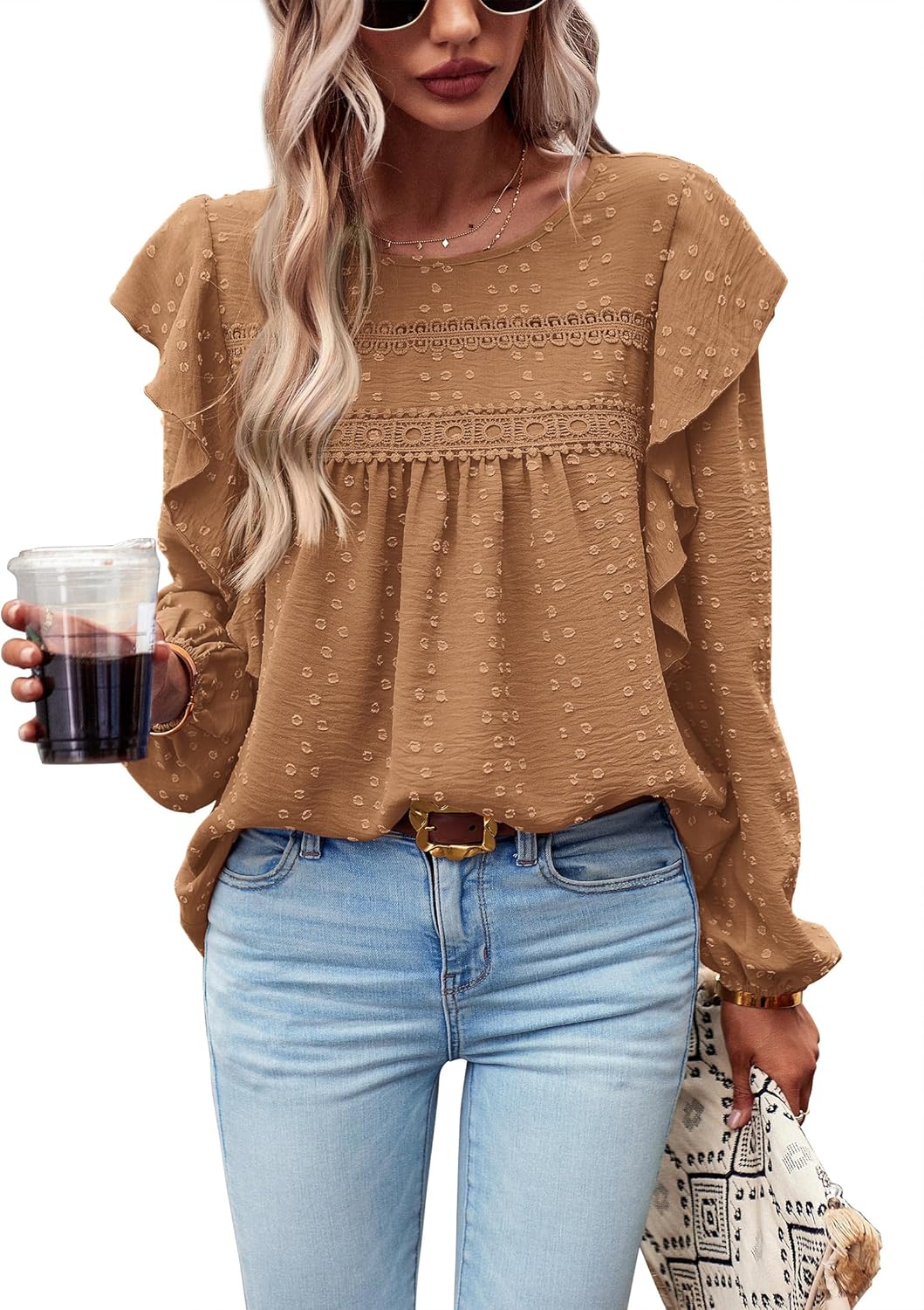 PRETTYGARDEN Women's Long Sleeve Shirts Ruffle Swiss Dot Crochet Loose Fit Tunic Dressy Casual Tops Blouses Spring Fashion