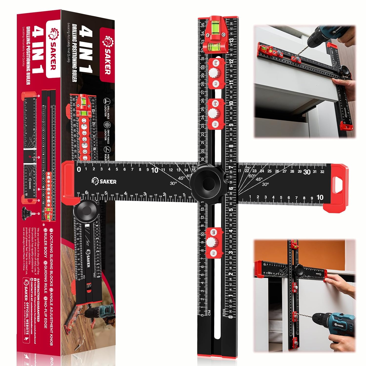 Saker 4-in-1 Drilling Positioning Ruler, Adjustable 13.78in Multifunctional T Square Ruler, Cabinet Hardware Jig, Marking Gauge Tools for Woodworking, Cabinet Drawer Door Hole Drilling Template