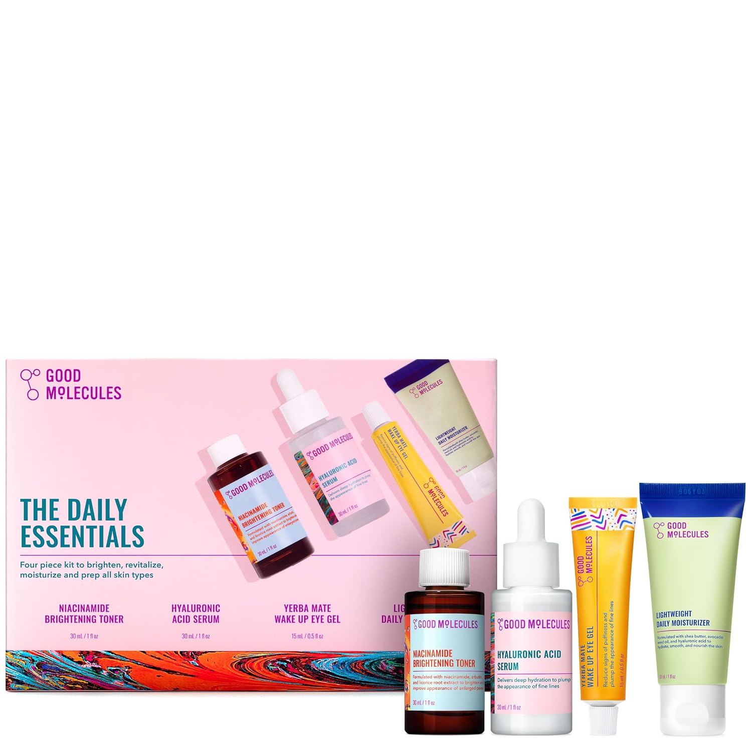 Good Molecules The Daily Essentials Set, 4-Step Skin Care Kit, 4 Minis | Four-step daily routine: Niacinamide Brightening Toner, Hyaluronic Acid Serum, Yerba Mate Eye Gel, and Priming Moisturizer.