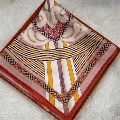 NEW HERMÈS Paris Silk Satin Square Scarf Geometric Print Pink Orange Logo