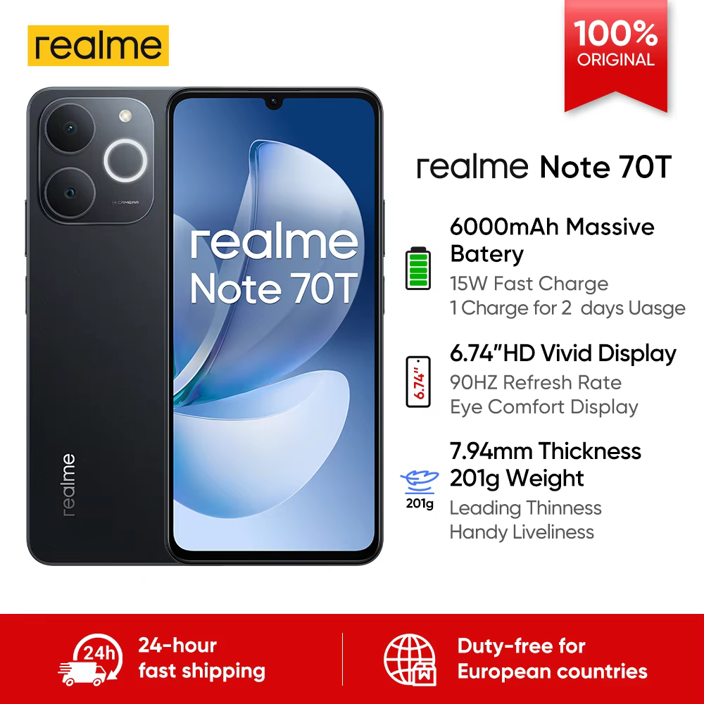 Smartphone Realme Note 70T AI, version mondiale, écran 6,75 pouces 90 Hz, batterie 6000 mAh, appareil photo AI 13 MP, chipset octa-core, IP54