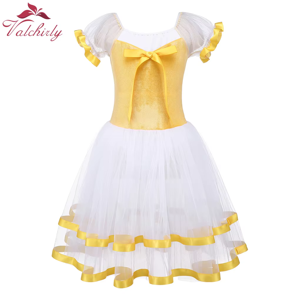 Yellow Ballet Dance Tutu Leotard Girls Dancewear Costume Ribbon Long Tulle Skirt Ballerina Fairy Party Costumes