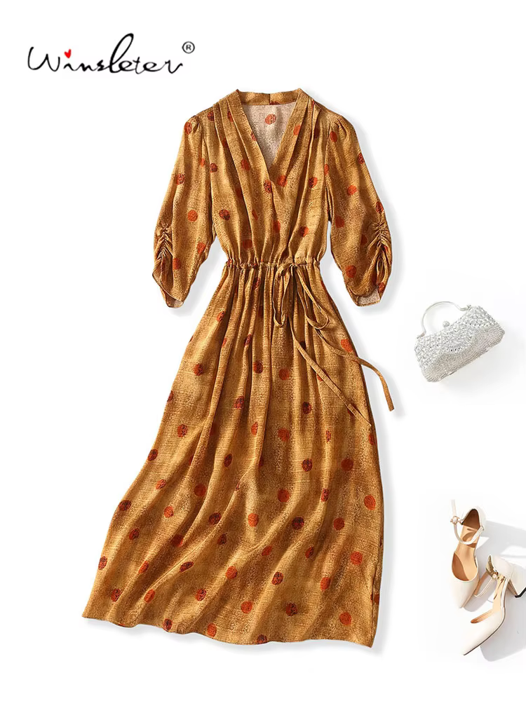 Winsleter-100% Echte Zijde Elegante Jurk, V-hals Halve Mouw Stippenprint, Dames Franse Feestjurk A-lijn, 2026 Herfst Nieuw D68439CC - AliExpress 200000345