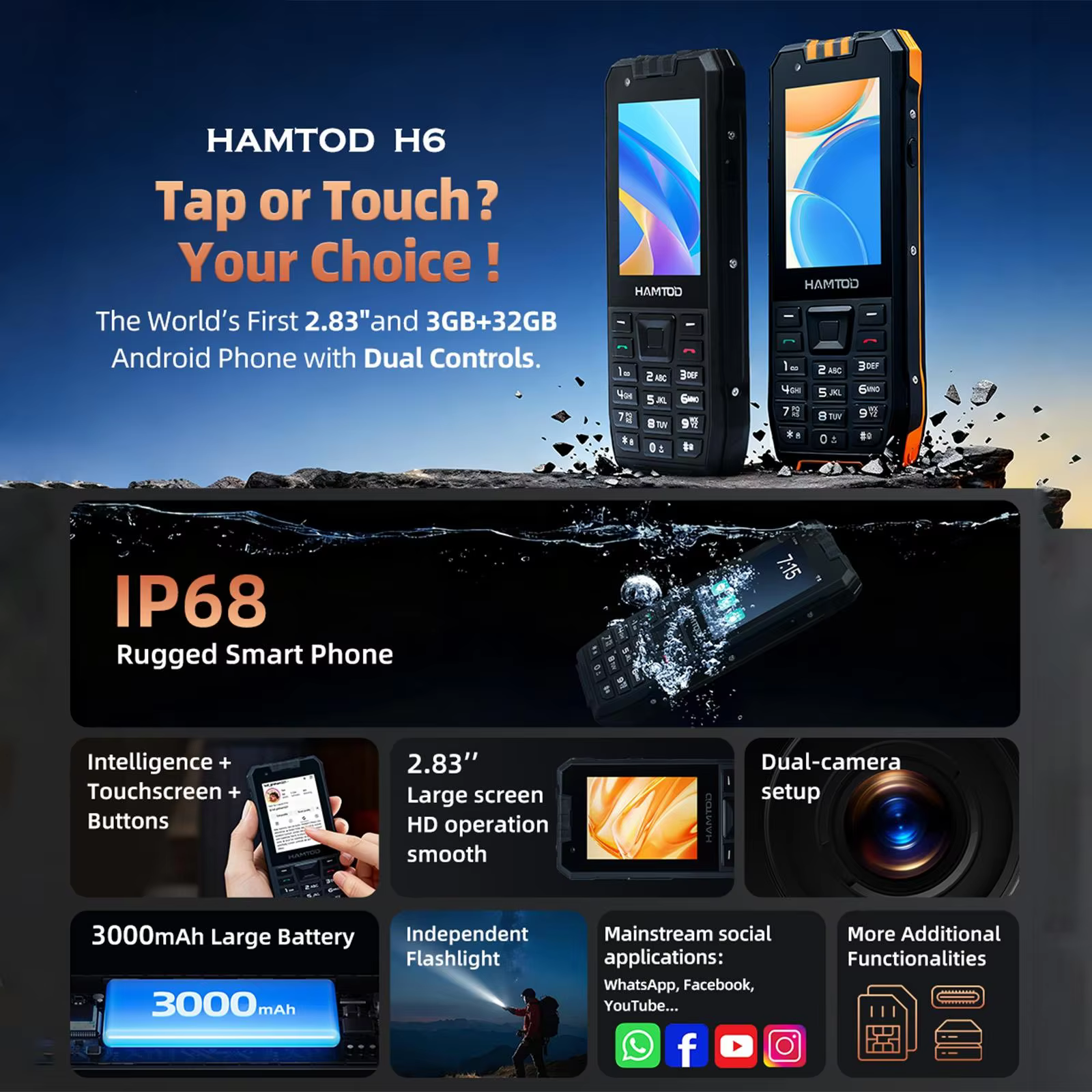 HAMTOD H6 Rugged Phone 3GB ROM 32GB RAM 2.83 inch Screen 5MP Rear Camera 3000mAh Battery Android 11 Support VoLTE 4G Cellphone - AliExpress 509