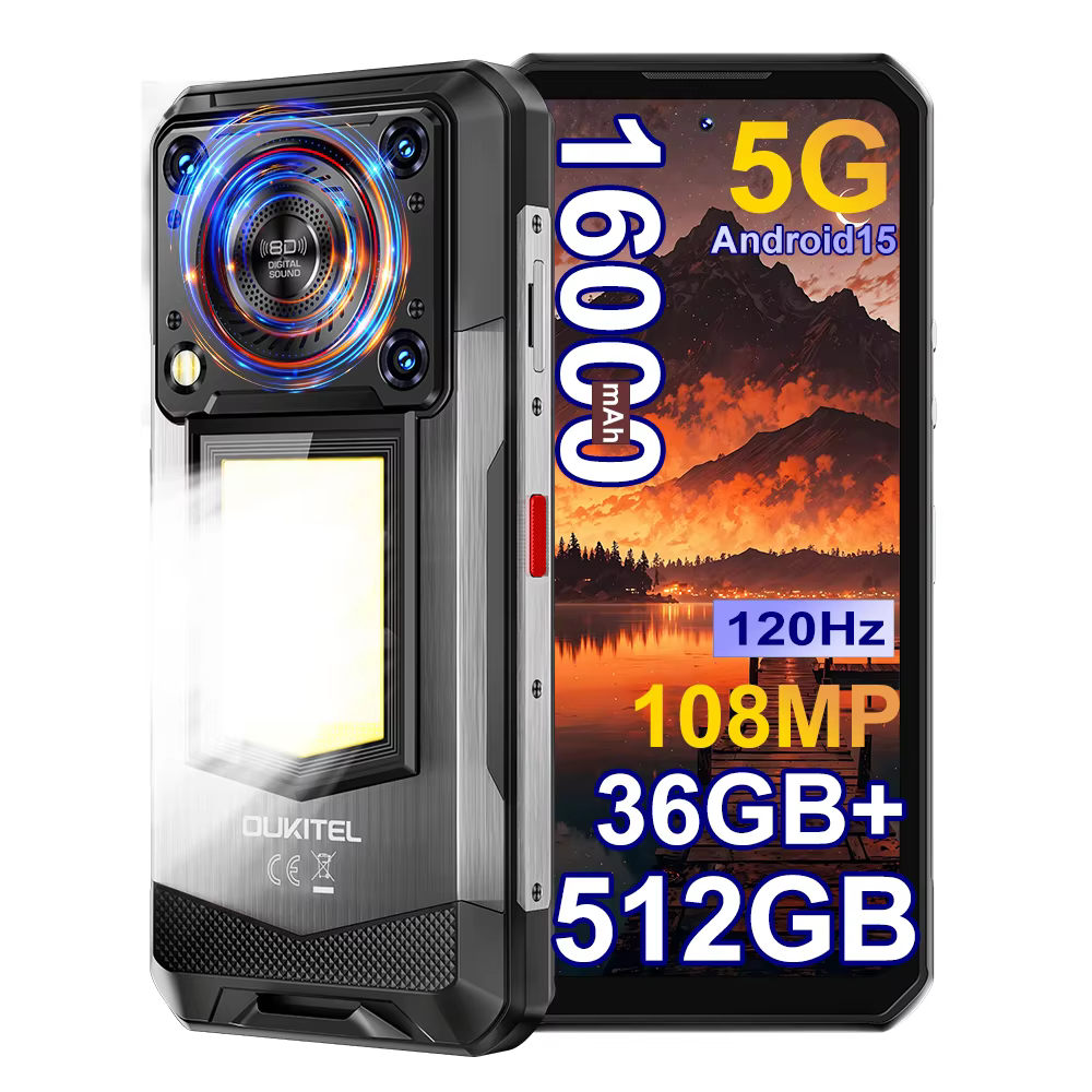 Smartphone OUKITEL WP56 Android 15 36 Go (12+24) 512 Go 16 000 mAh 45 W Lampe de camping 6,8 pouces FHD 120 Hz 128 dB Haut-parleur 108 MP 5G Téléphone portable
